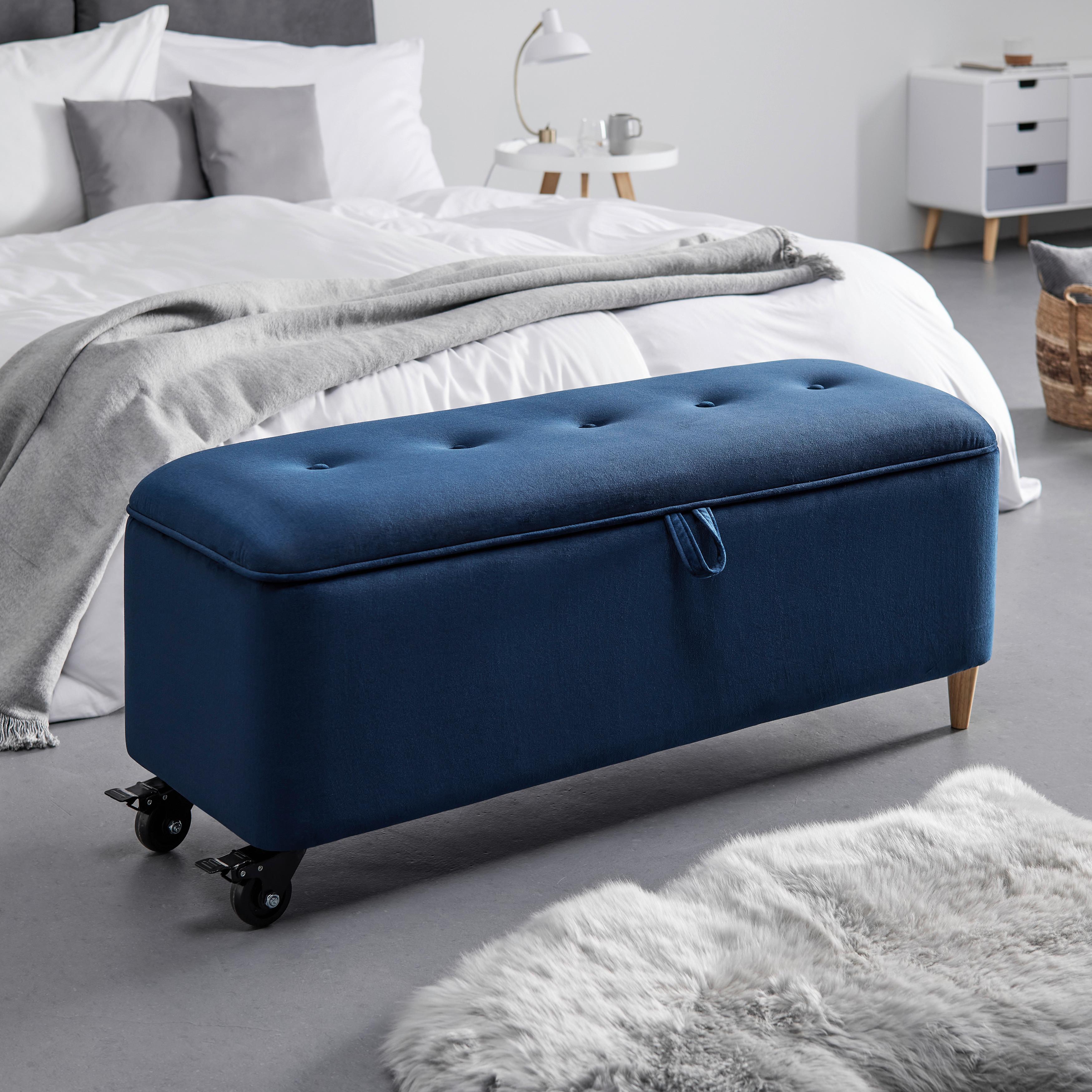 Hockerbank Ella Blau Samt Gepolstert mit Staurraum - Blau/Schwarz, MODERN, Holz/Textil (124/48/43cm) - Bessagi Home