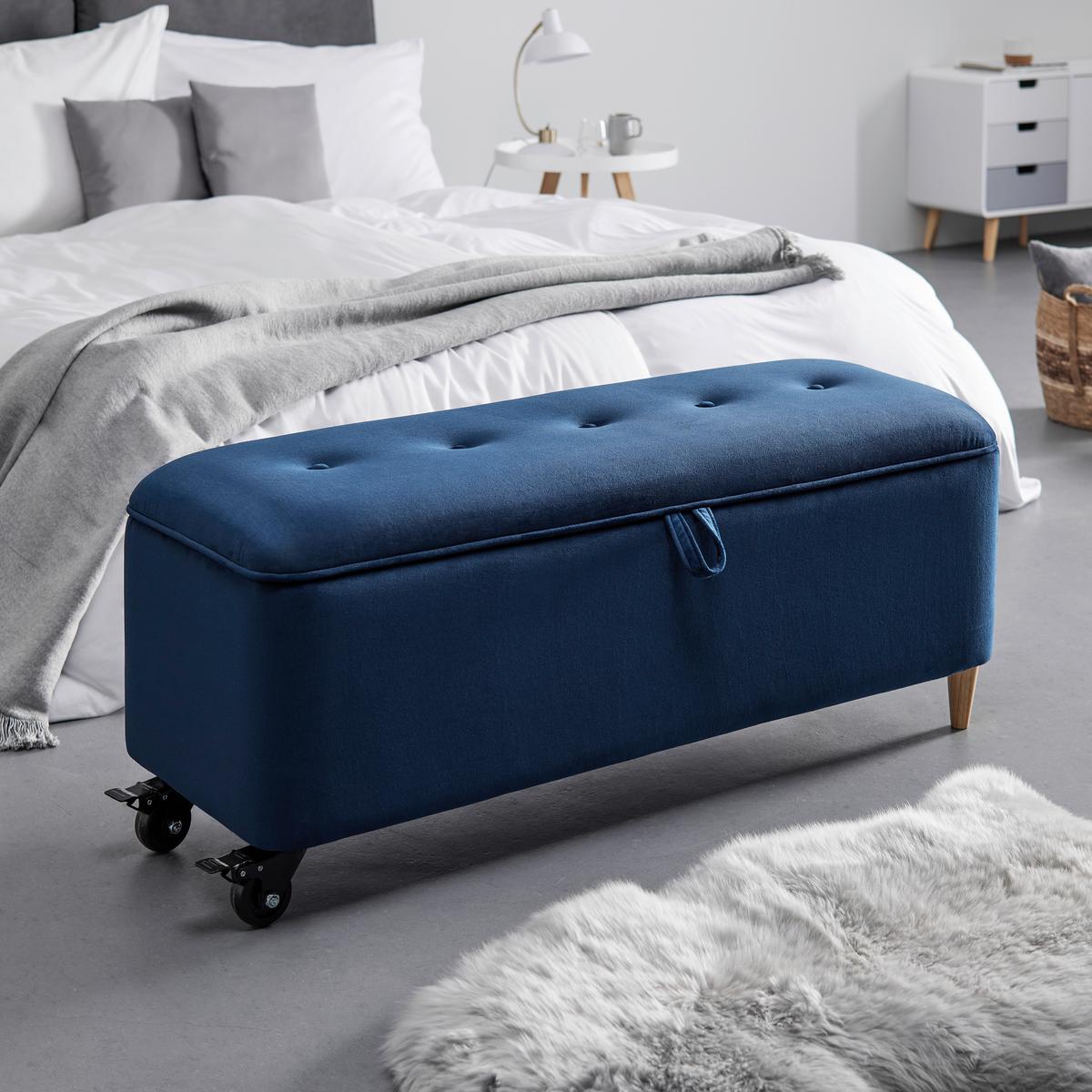 Hockerbank Ella Blau Samt Gepolstert mit Staurraum - Blau/Schwarz, MODERN, Holz/Textil (124/48/43cm) - Bessagi Home