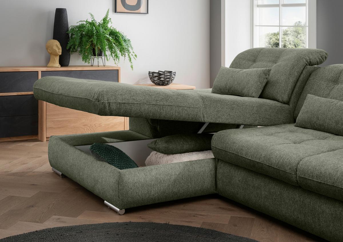 Ecksofa Rigatti Grün Chenille m. Bettkasten - Chromfarben/Grün, MODERN, Textil/Metall (184/314cm) - Livetastic