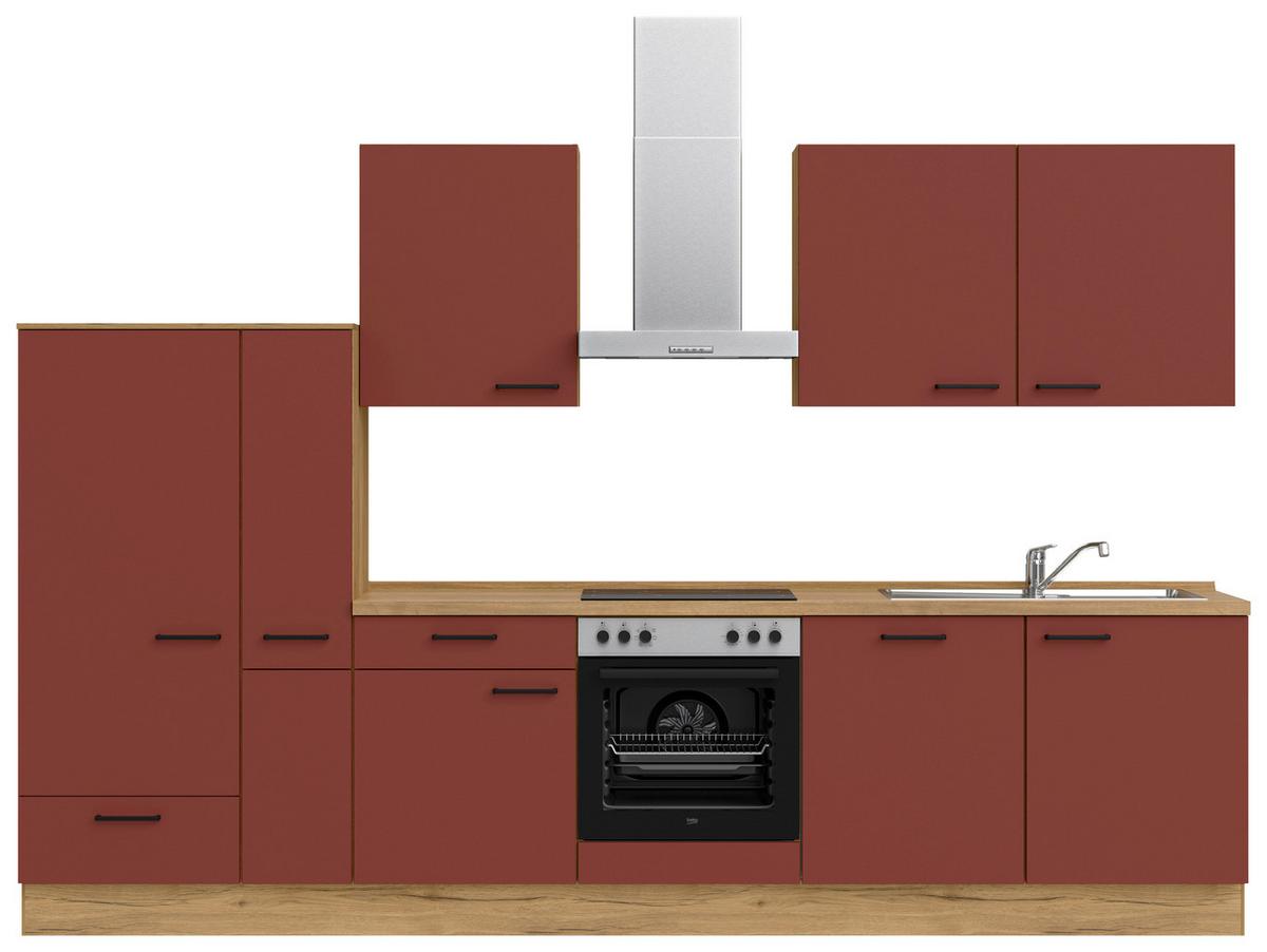Küchenblock Easytouch Low m. Geräten Dunkelrot - Eichefarben/Schwarz, MODERN, Holzwerkstoff/Metall (330cm) - Nobilia