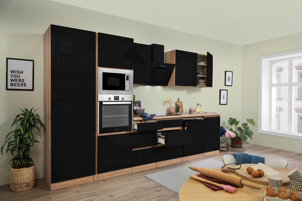 Küchenblock Lorena mit Geräten ca. 345 cm Schwarz Hochglanz - Schwarz Hochglanz/Eichefarben, Basics, Holzwerkstoff (345cm) - Respekta