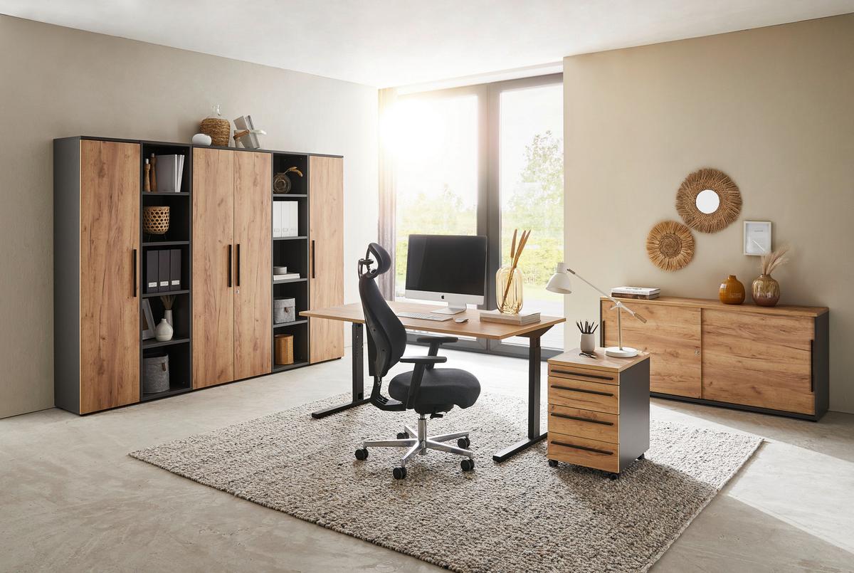 KONTENER NA KÓŁKACH RENTON - kolor dębowy/czarny, Modern, materiał drewnopochodny/tworzywo sztuczne (42/61/49cm) - Novel