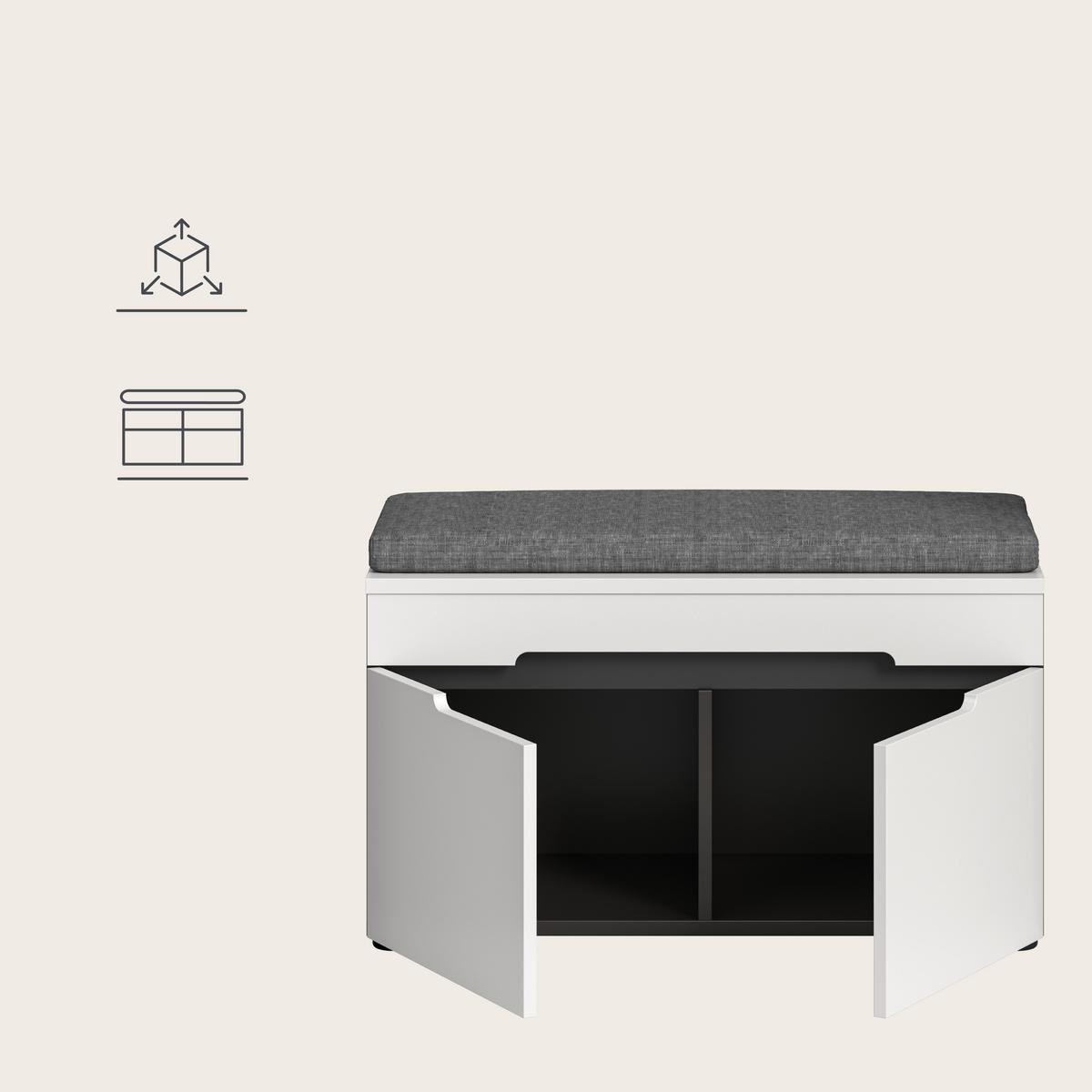 Garderobna Klop Canu, Bela, Siva, Z Blazino - siva/črna, Design, umetna masa/tekstil (80/45/37cm) - Livetastic