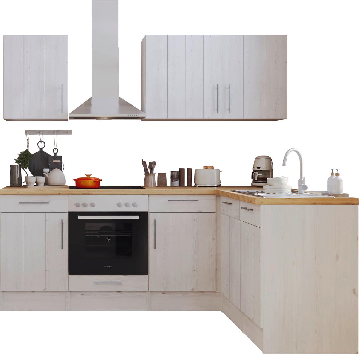 Eckküche Premium Lärche Weiß ca. 220x172 cm - Eichefarben/Weiß, ROMANTIK / LANDHAUS, Holzwerkstoff/Metall (220/172cm) - Respekta