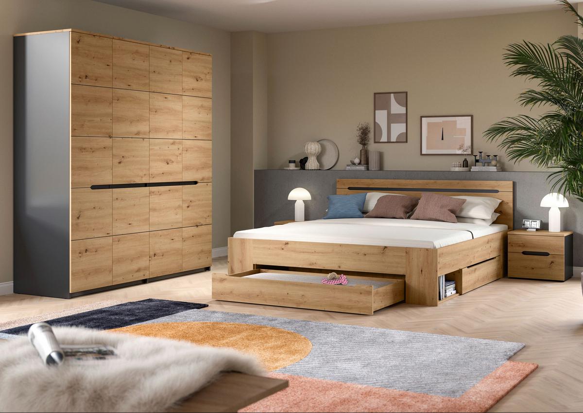 Schlafzimmer 4-teilig Grau, Eiche Artisan - Eiche Artisan/Grau, MODERN, Holzwerkstoff - MID.YOU