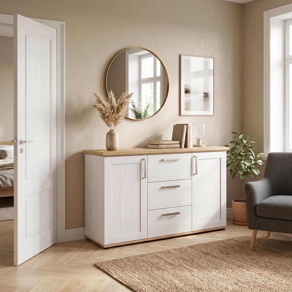 Tálalószekrény Verona - Artisan tölgy/ezüstszínű, Design, műanyag/faalapú anyag (129/80/40cm) - Livetastic
