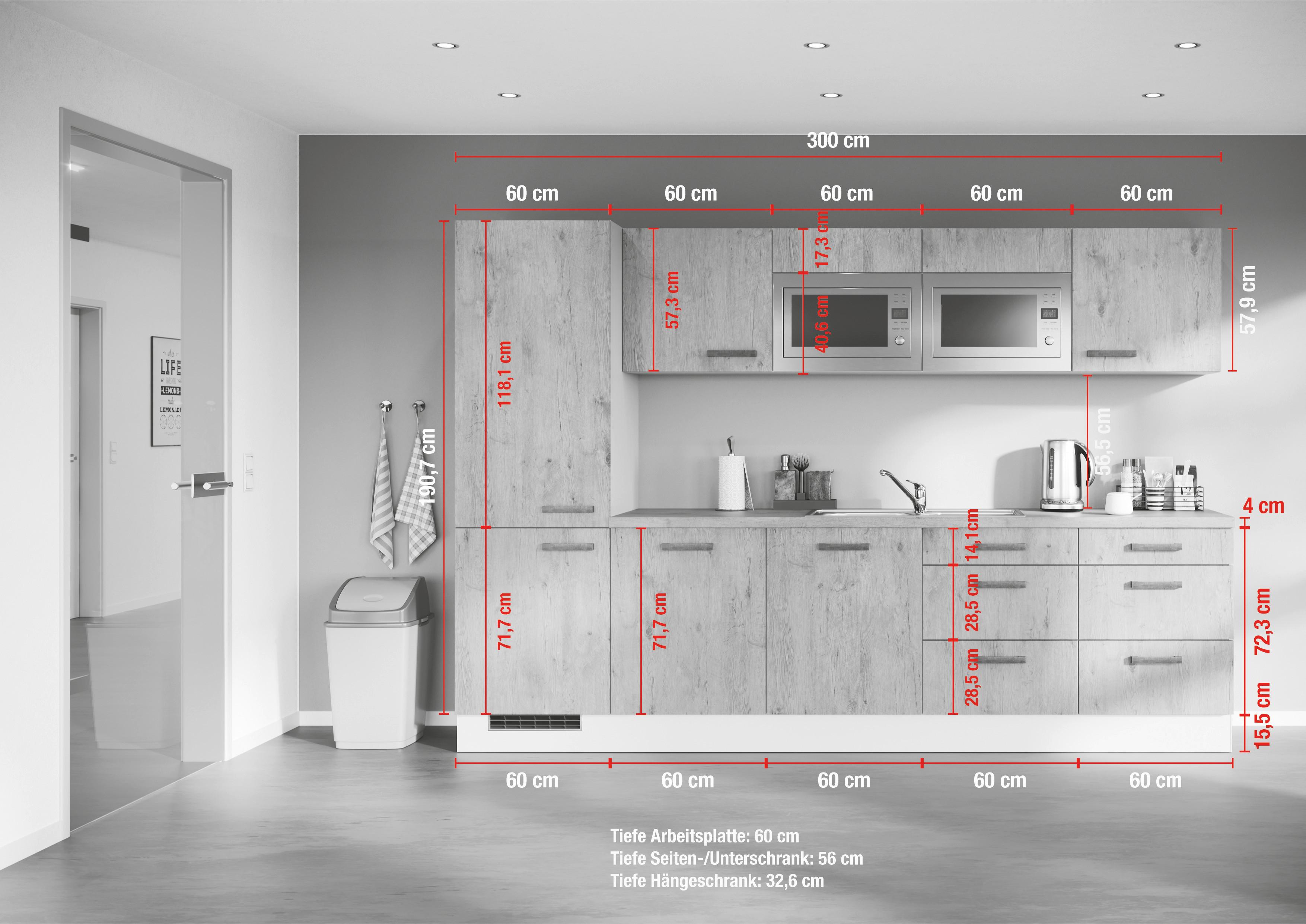 Küchenblock IBZ ohne Geräte ca. 300 cm Eichefarben - Eichefarben/Weiß, Design, Holzwerkstoff/Metall (300cm) - Impuls
