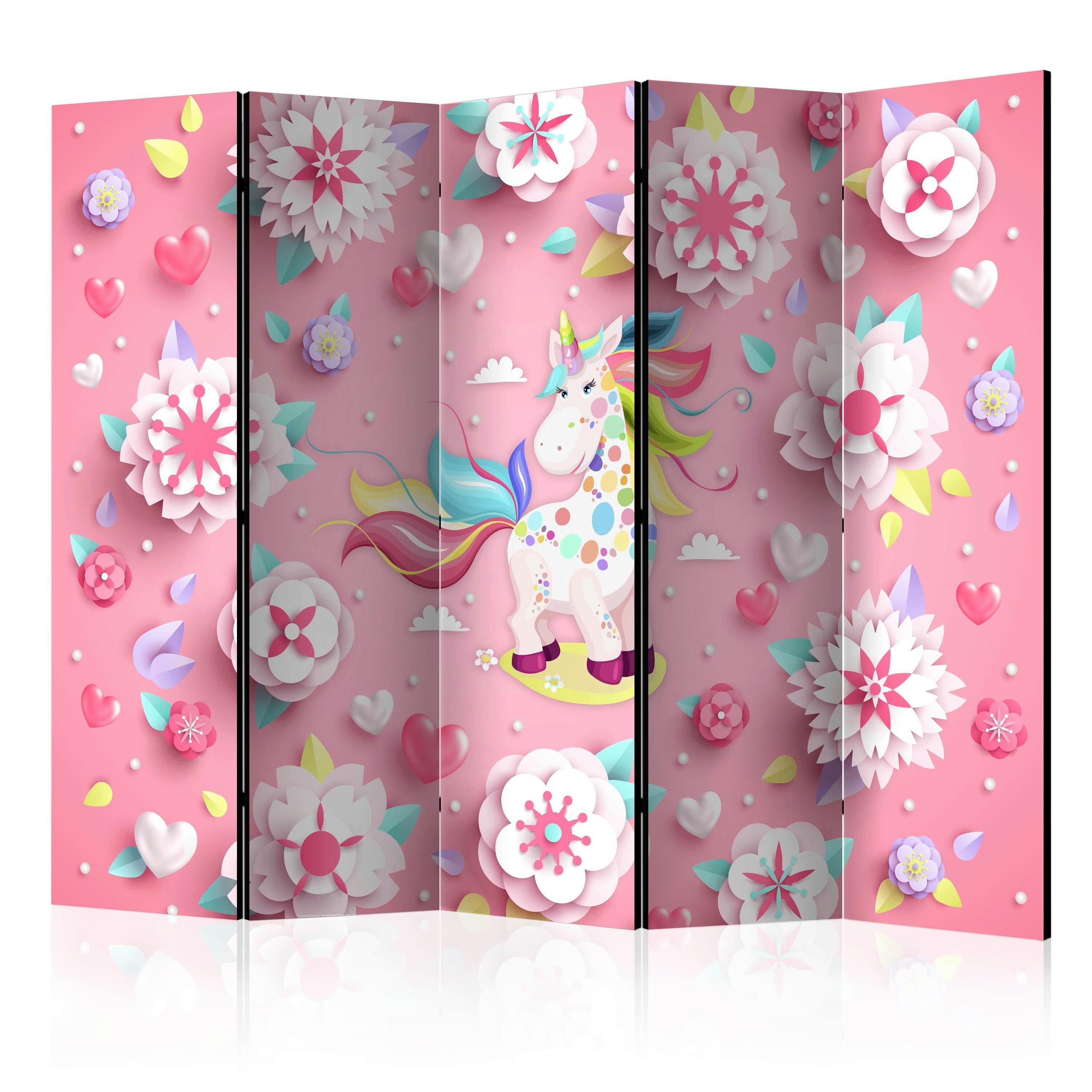 Paravent Unicorn on Flowerbed Multicolor/Pink - Pink/Multicolor, Basics, Holz/Textil (225/172/3cm) - artgeist