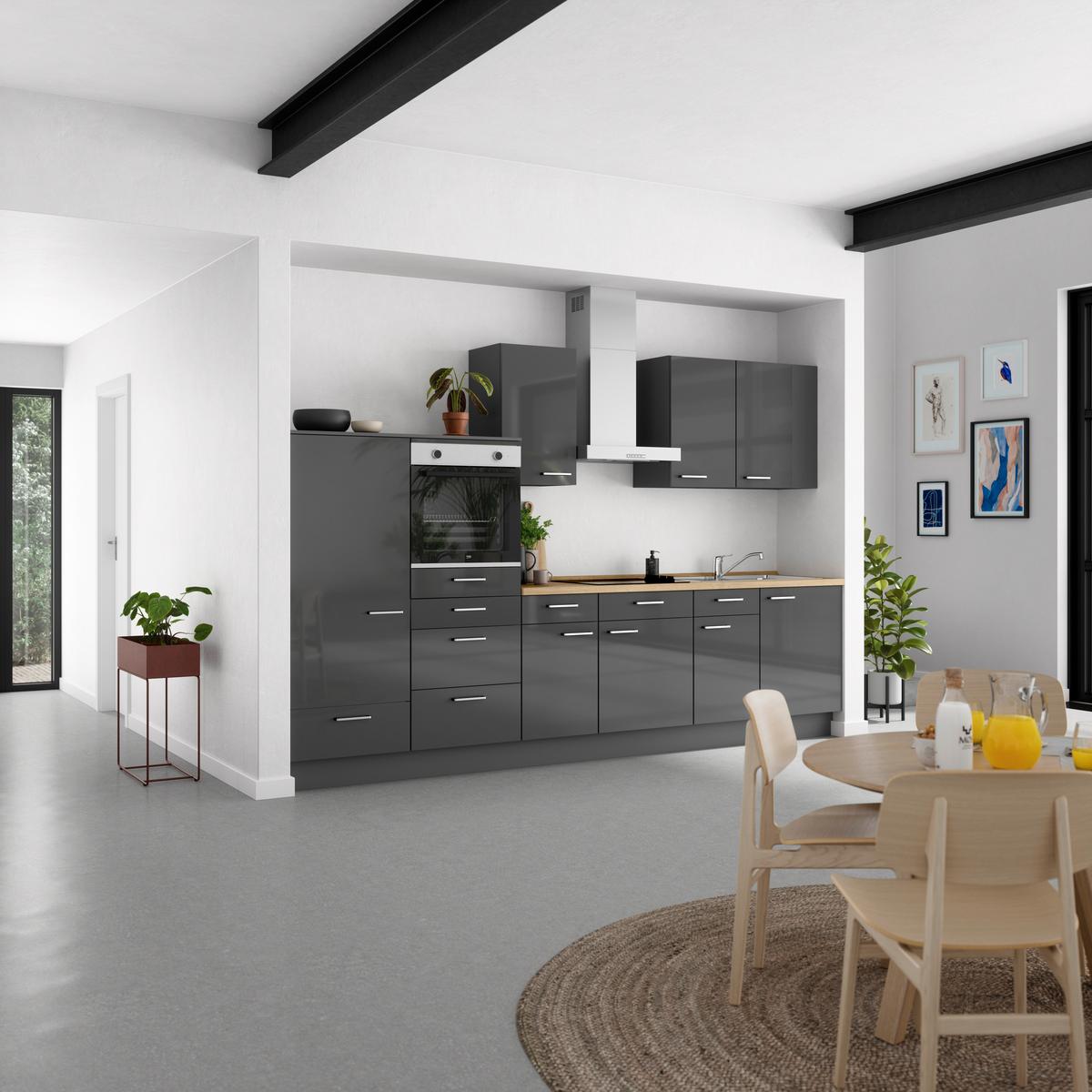 Küchenblock Flash Low m. Geräten Schieferfarben - Schieferfarben/Edelstahlfarben, MODERN, Holzwerkstoff/Metall (330cm) - Nobilia