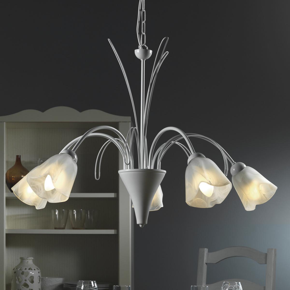 Kronleuchter Antron Weiß max. 6 Watt - Weiß, KONVENTIONELL, Glas/Metall (70/100cm)