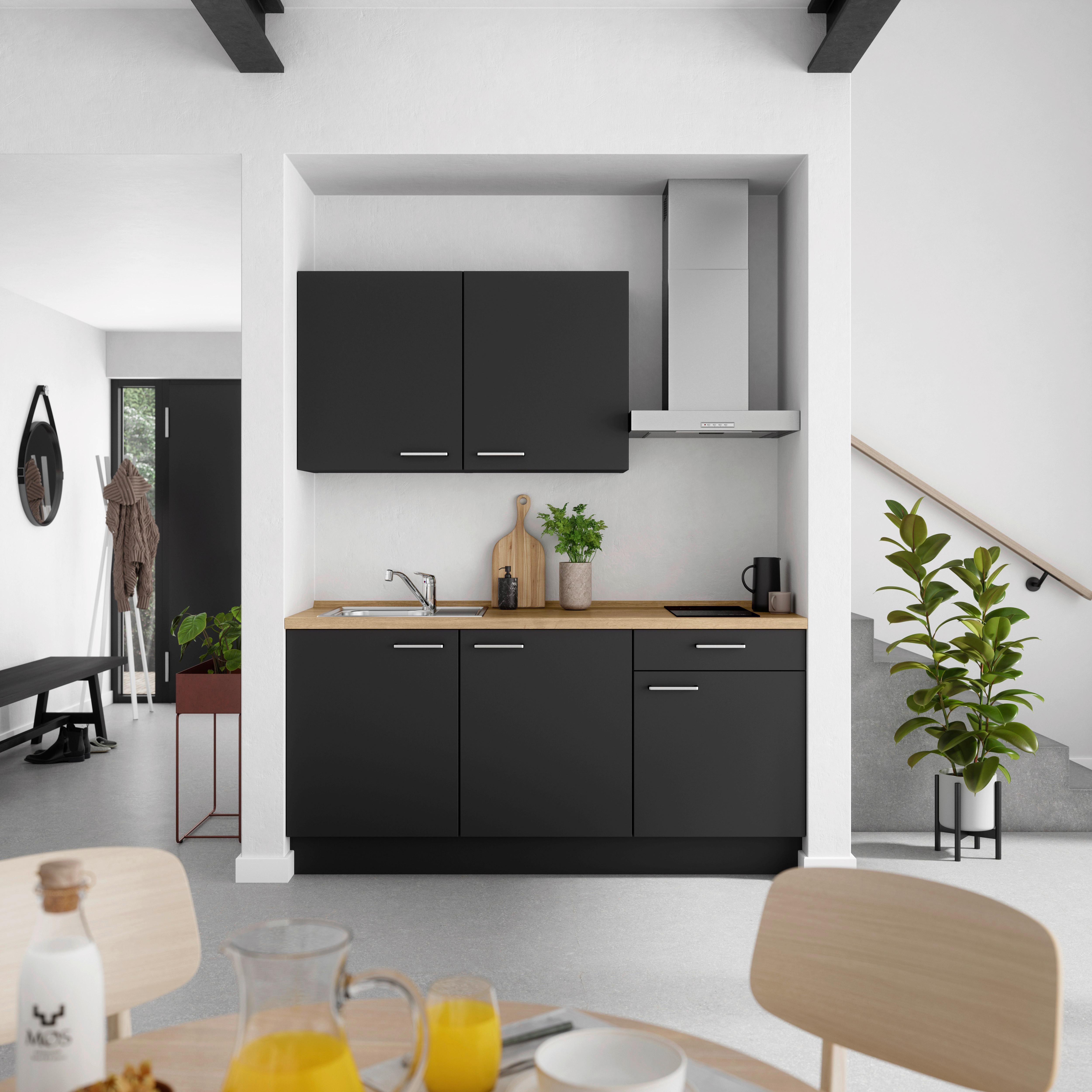Küchenblock Touch Low m. Geräten Schwarz - Edelstahlfarben/Eichefarben, MODERN, Holzwerkstoff/Metall (180cm) - Nobilia