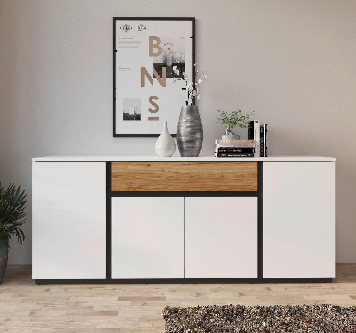 Komoda Novena - bijela/boje hrasta, Trend, drvni materijal/plastika (209/87/40cm) - Modern Living
