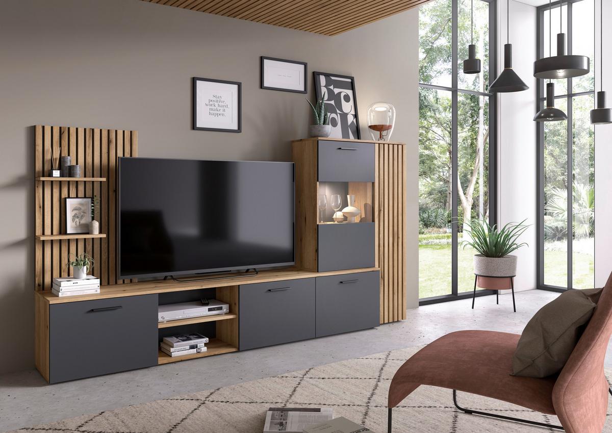 Ansamblu mobilier cameră de zi MAILAND - culoare lemn stejar/antracit, Modern, sticlă/material pe bază de lemn (250/135/38cm) - Modern Living