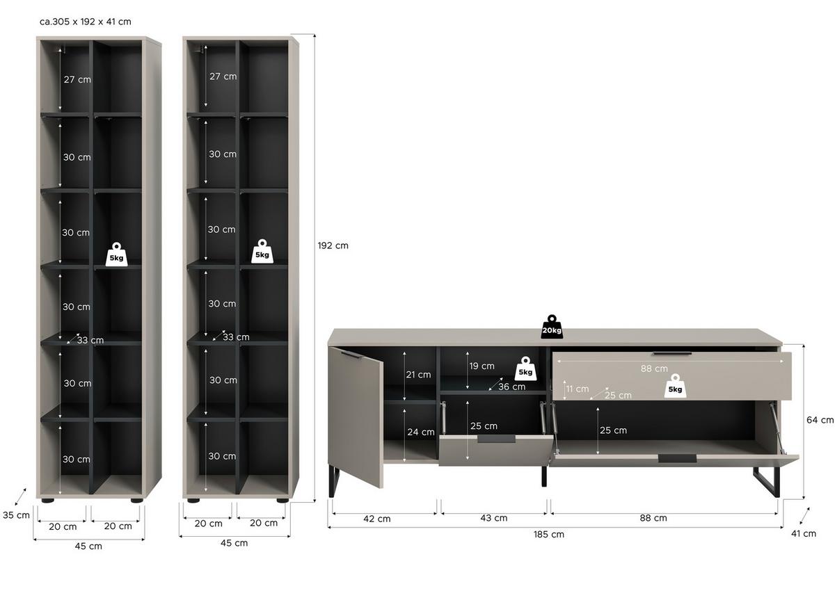 Dnevni Regal Noida, Kašmir, Črna, 3-Delni - kašmir/črna, Design, kovina/umetna masa (305/192/41cm) - Livetastic
