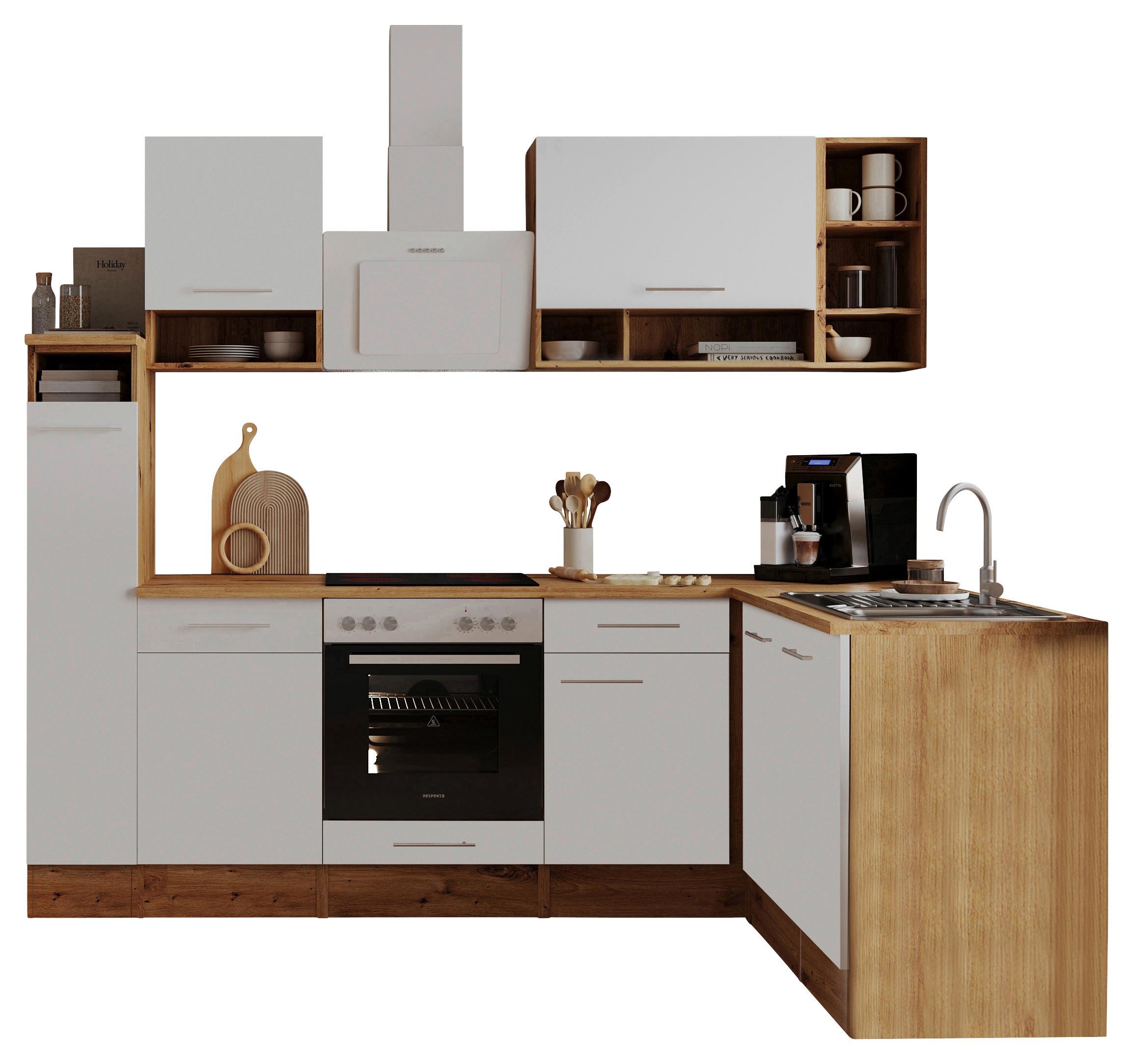 Eckküche Weiß/Eiche ca. 250x172 cm - Eichefarben/Weiß, Basics, Holzwerkstoff/Metall (250/172cm) - Respekta