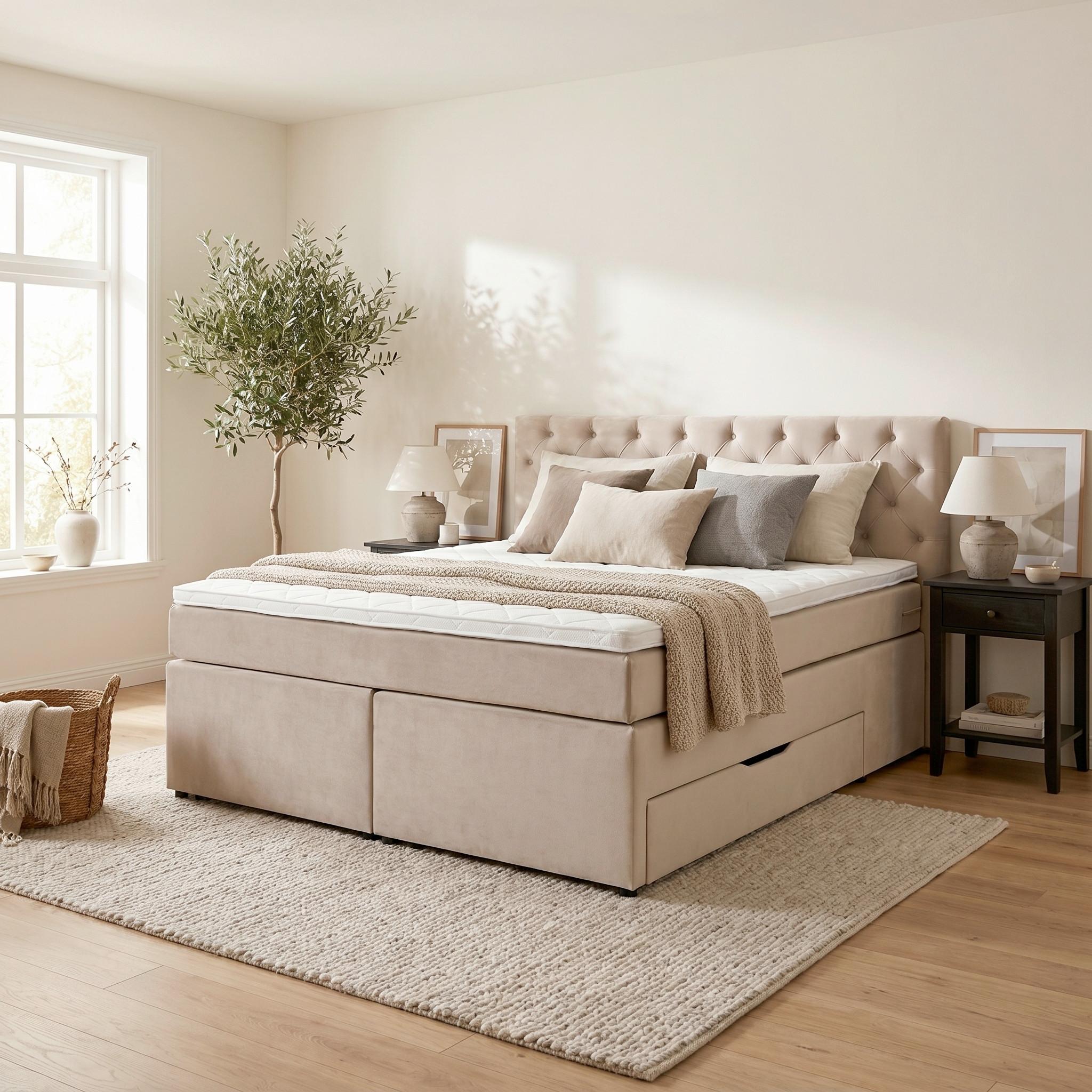 Boxspringbett Chester Beige ca. 160x200cm - Beige/Schwarz, Holzwerkstoff/Kunststoff (160/200cm) - Mömax