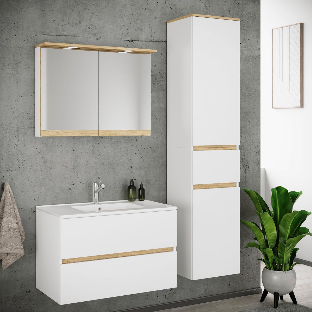 Badezimmer Cosila - Honigeiche/Weiss, Trend, Keramik/Holzwerkstoff (121cm) - MID.YOU