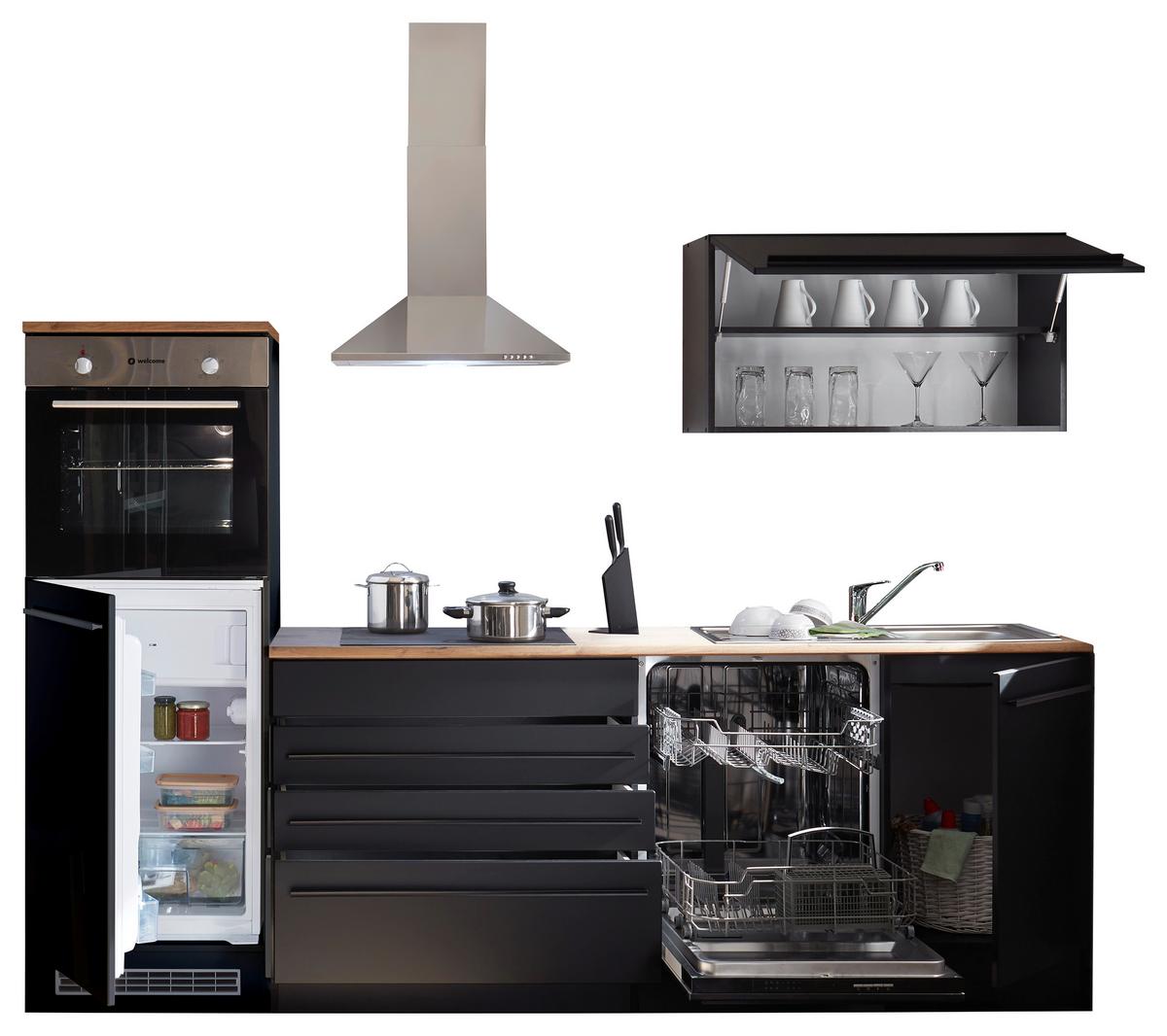 Küchenblock Jazz mit Geräten ca. 260 cm Schwarz - Eichefarben/Schwarz, LIFESTYLE, Holzwerkstoff/Kunststoff (260cm) - P & B
