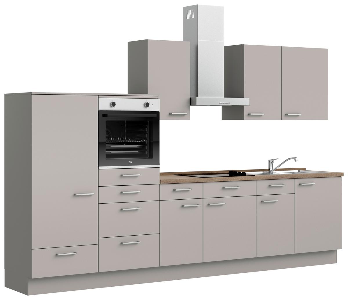 Küchenblock Touch Low m. Geräten Grau - Eiche dunkel/Edelstahlfarben, MODERN, Holzwerkstoff/Metall (330cm) - Nobilia