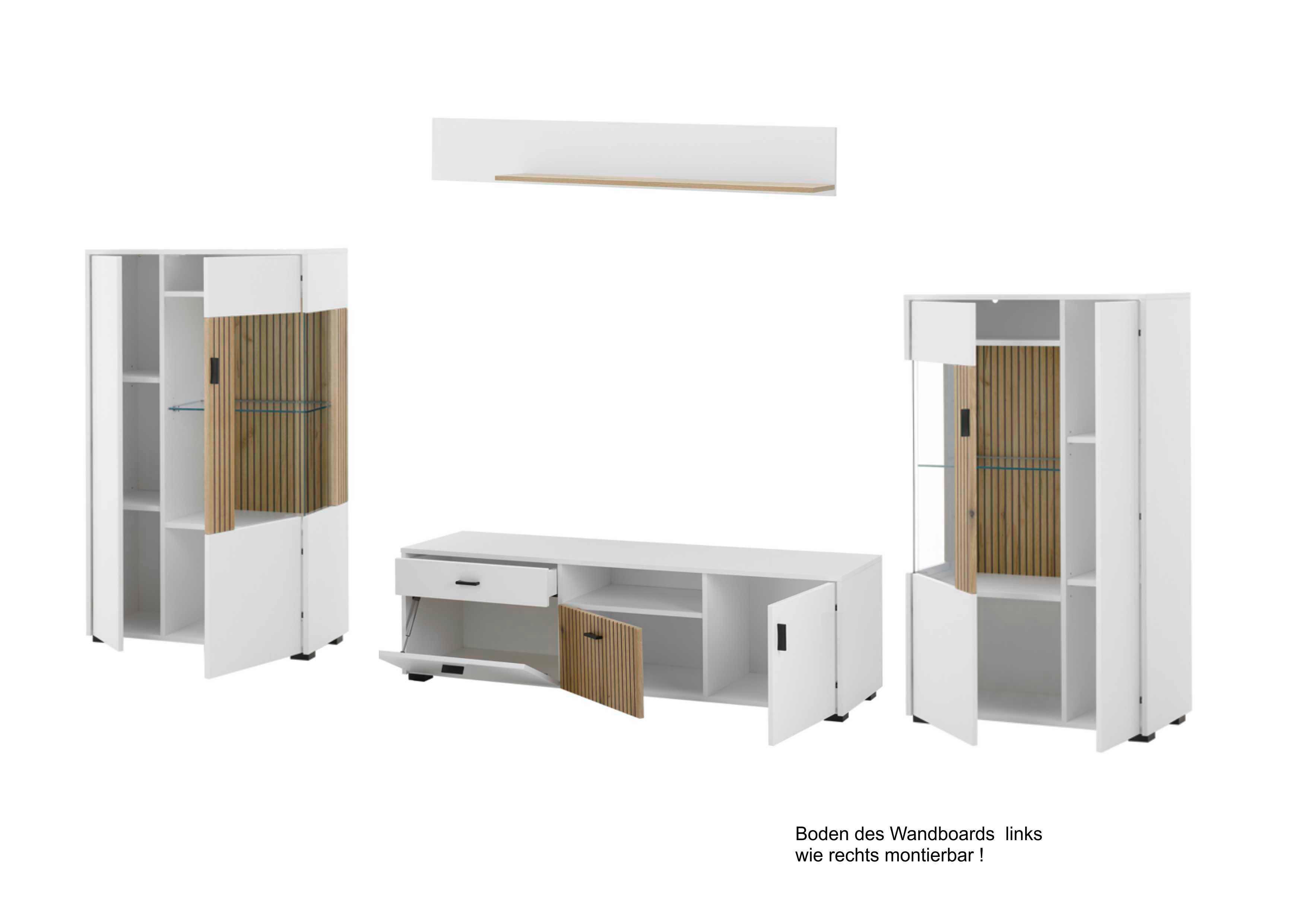 Wohnwand Hudson Weiß/Eichefarben - Eichefarben/Schwarz, Design, Glas/Holzwerkstoff (320/180/42cm) - MID.YOU