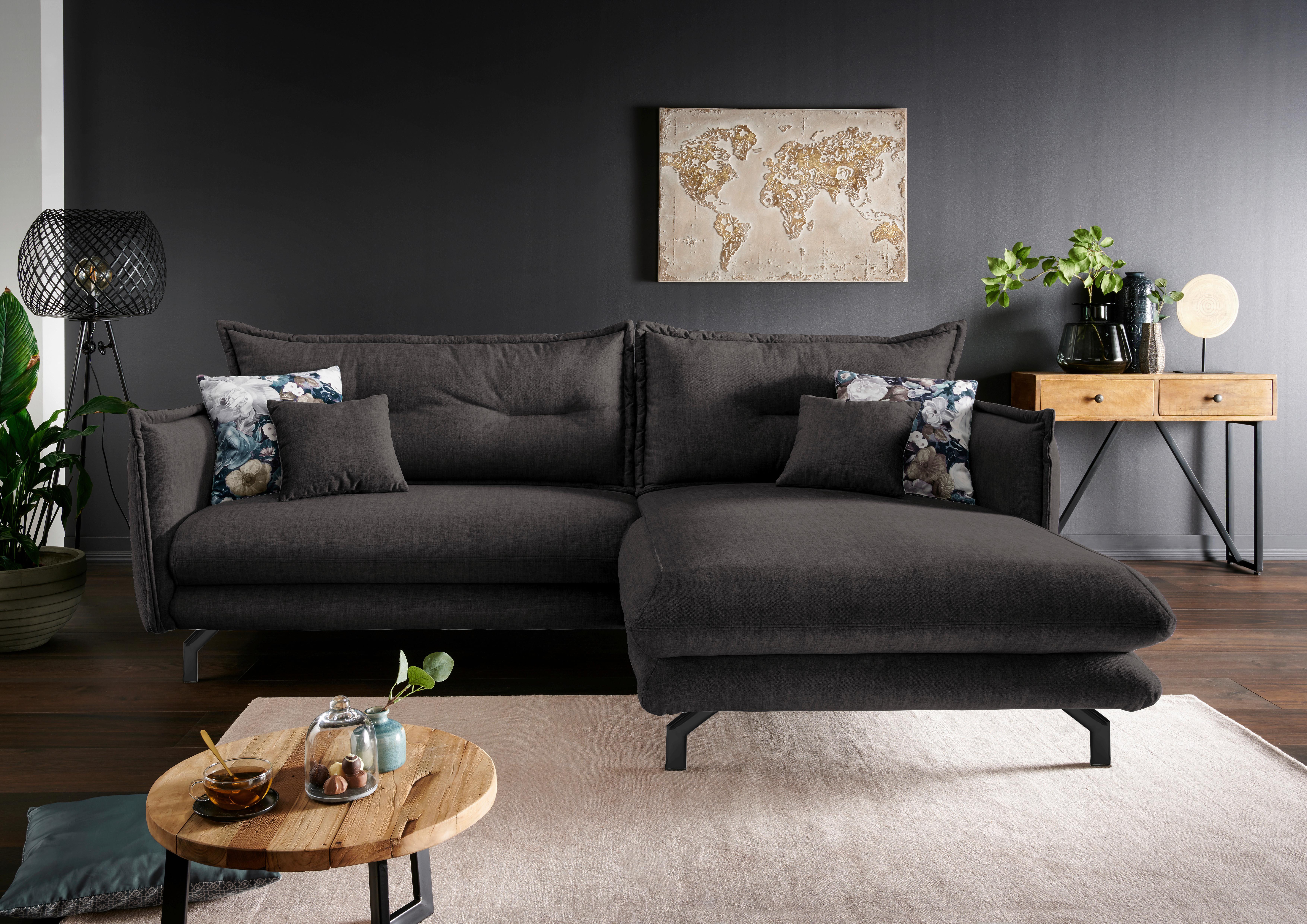 Wohnlandschaft Lava Anthrazit Velours - Türkis/Anthrazit, MODERN, Textil/Metall (255/180cm) - Livetastic