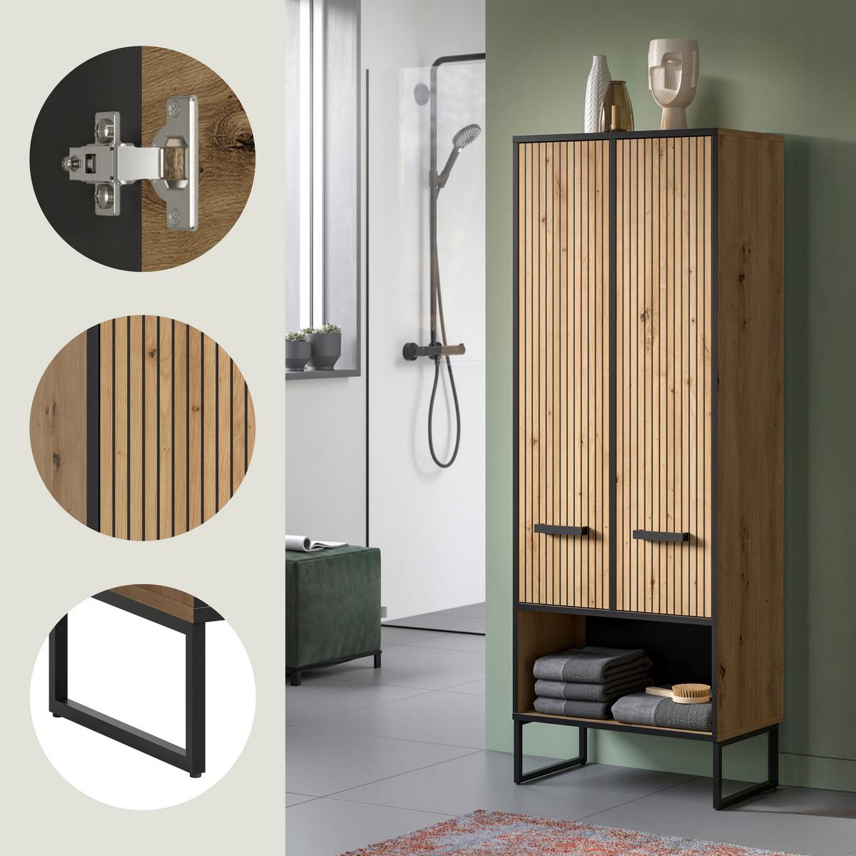 Hochschrank Bagno Eiche Artisan/Schwarz - Schwarz/Eiche Artisan, Trend, Holzwerkstoff/Kunststoff (59/159/32cm) - MID.YOU