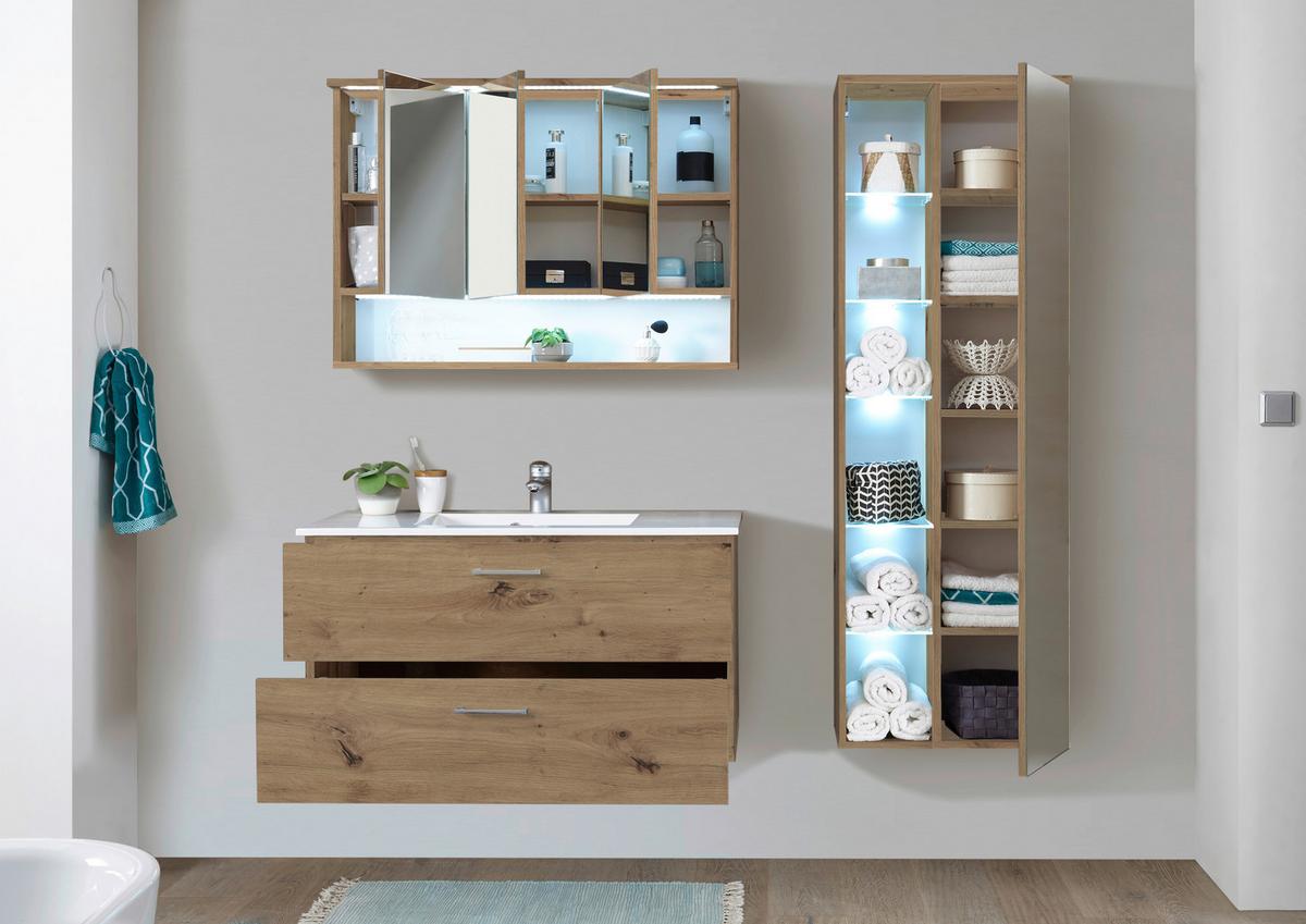 SZAFKA Z LUSTREM BALNEO 100 - kolor dębowy, Natur, materiał drewnopochodny/szkło (99/70/23cm) - Xora