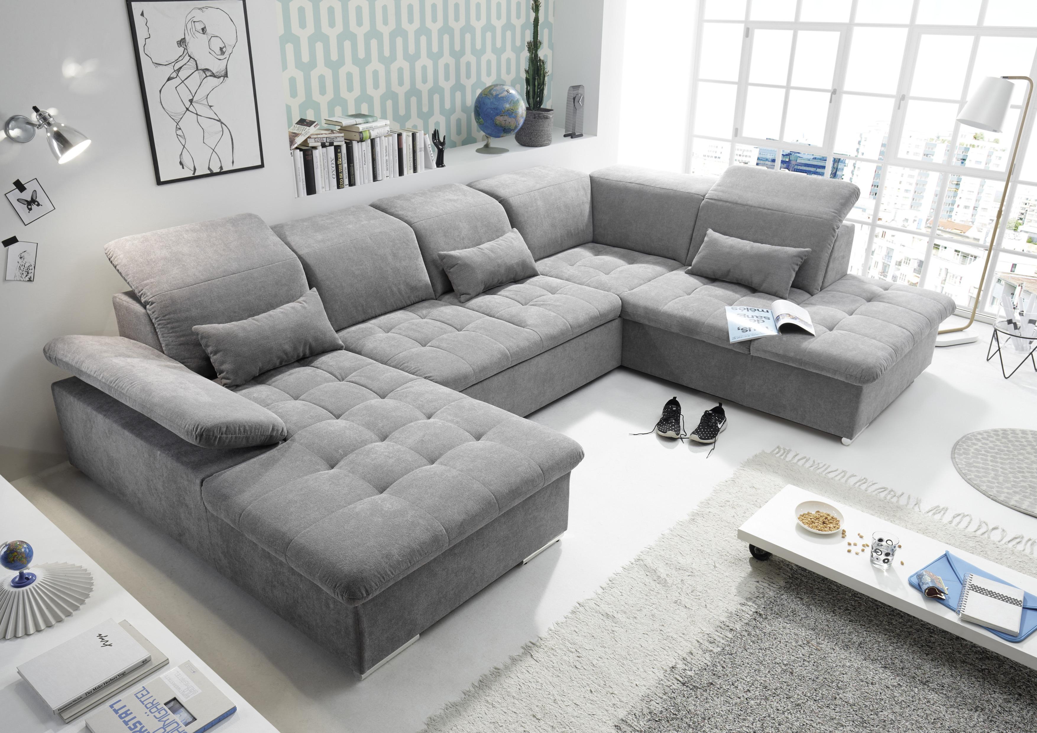 Wohnlandschaft Wayne U inkl. Kissen Grau - Dunkelgrau/Silberfarben, KONVENTIONELL, Kunststoff/Textil (188/340/240cm) - MID.YOU