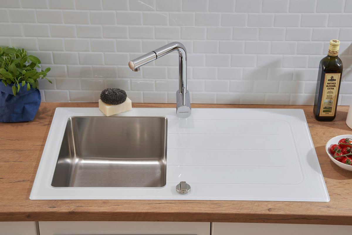 Spüle Weiß Glas/Edelstahl B: ca. 86 cm - Weiß, Trend, Glas/Metall (86/21/50cm) - Respekta