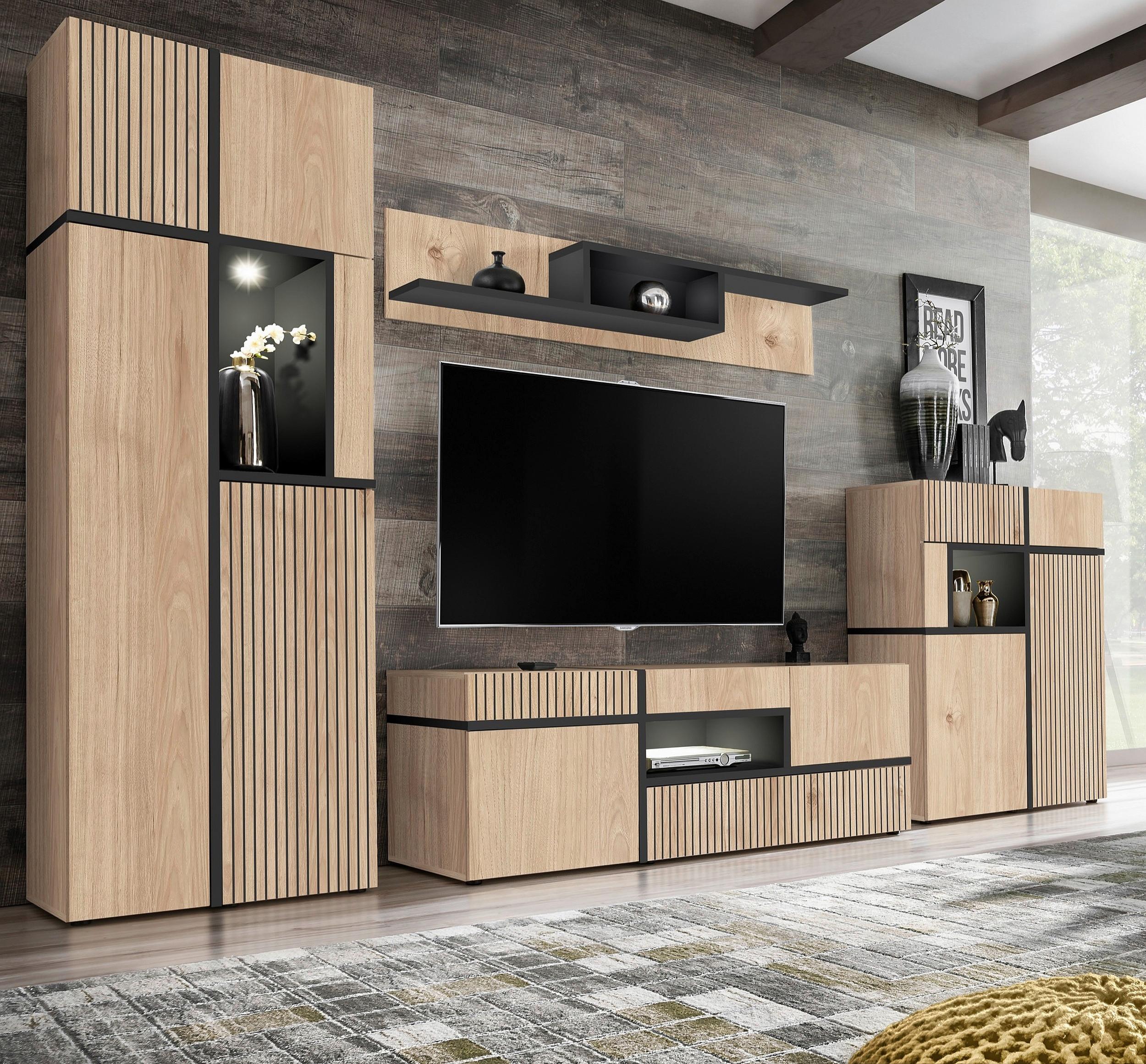 Wohnwand Cross Schwarz/Hickory - Schwarz/Hickory, MODERN, Holzwerkstoff/Kunststoff (330/195/50cm) - Premium Living
