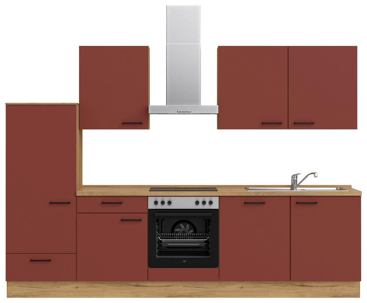 Küchenblock Easytouch Low m. Geräten Dunkelrot - Eichefarben/Schwarz, MODERN, Holzwerkstoff/Metall (300cm) - Nobilia