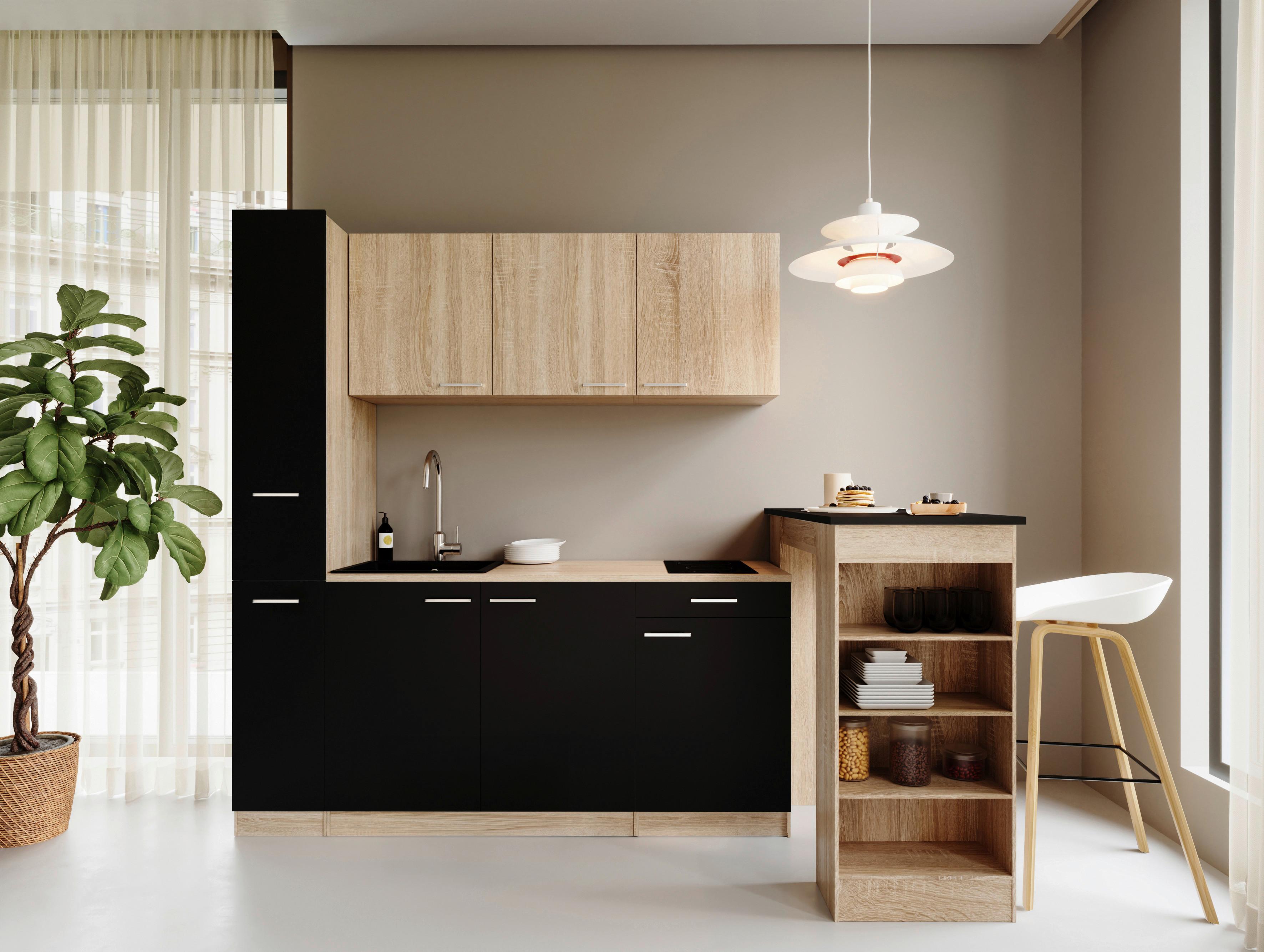 Küchenblock Ingrid m. Gerät Schwarz - Eichefarben/Schwarz, Design, Holzwerkstoff/Kunststoff (180cm) - Respekta