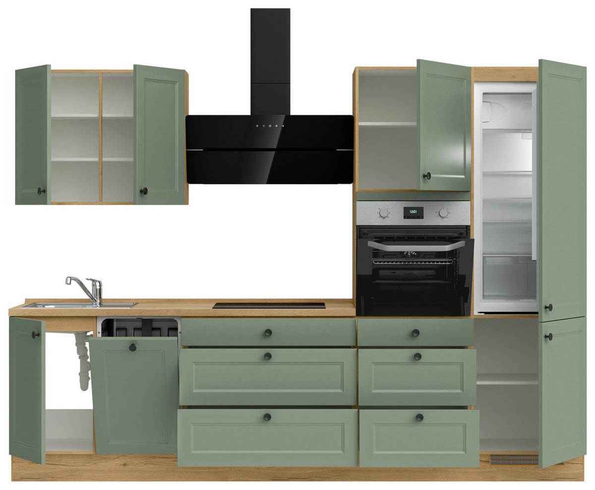Küchenblock Cascada High m. Geräten Schilfgrün - Schilfgrün/Eichefarben, MODERN, Holzwerkstoff/Metall (300cm) - Nobilia