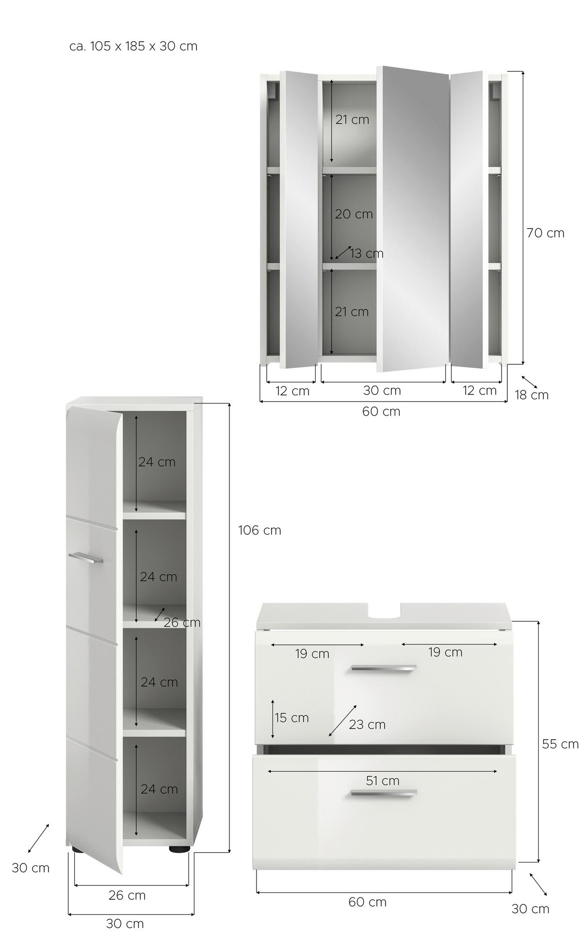 Badezimmer Ice 3-tlg. ca. 90 cm Weiß - Weiß Hochglanz/Silberfarben, MODERN, Holzwerkstoff/Kunststoff (90cm) - MID.YOU
