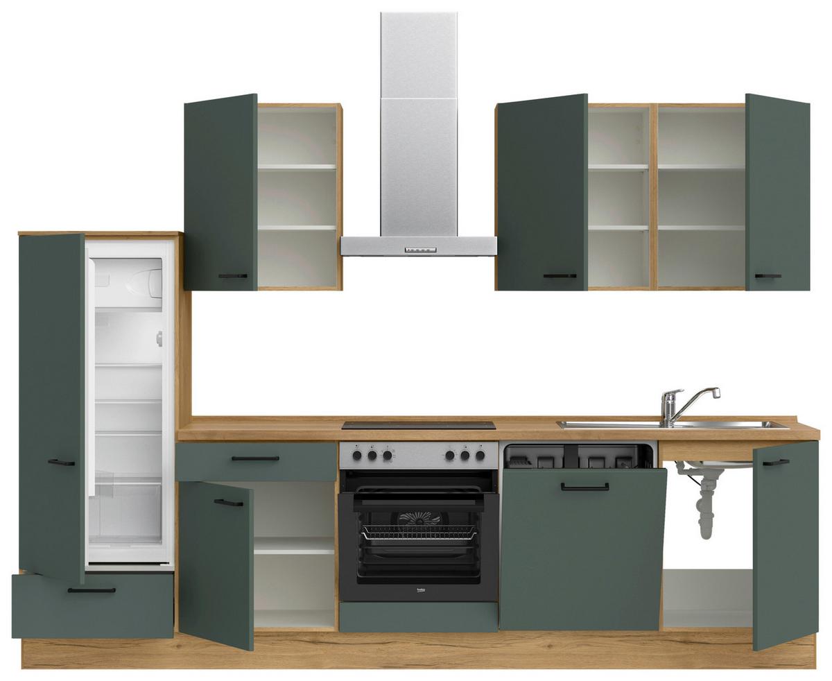 Küchenblock Easytouch m. Geräten Dunkelgrün - Dunkelgrün/Eichefarben, MODERN, Holzwerkstoff/Metall (300cm) - Nobilia