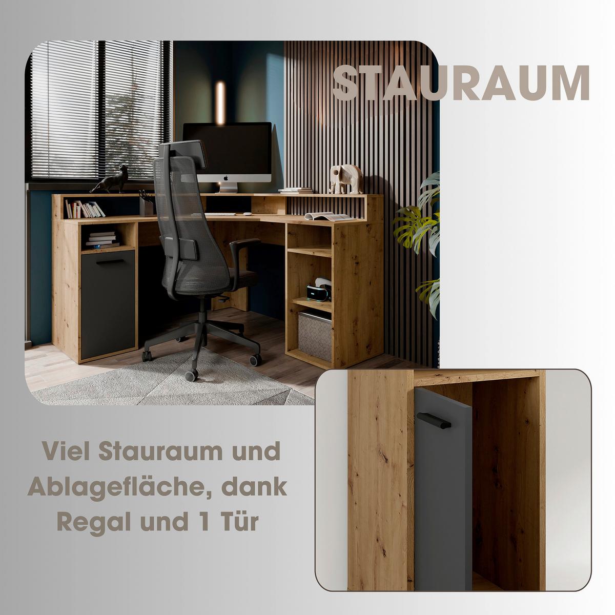 SCHREIBTISCH FOX - Anthrazit/Eiche Artisan, MODERN, Holzwerkstoff/Kunststoff (139/139/90,8cm) - MID.YOU