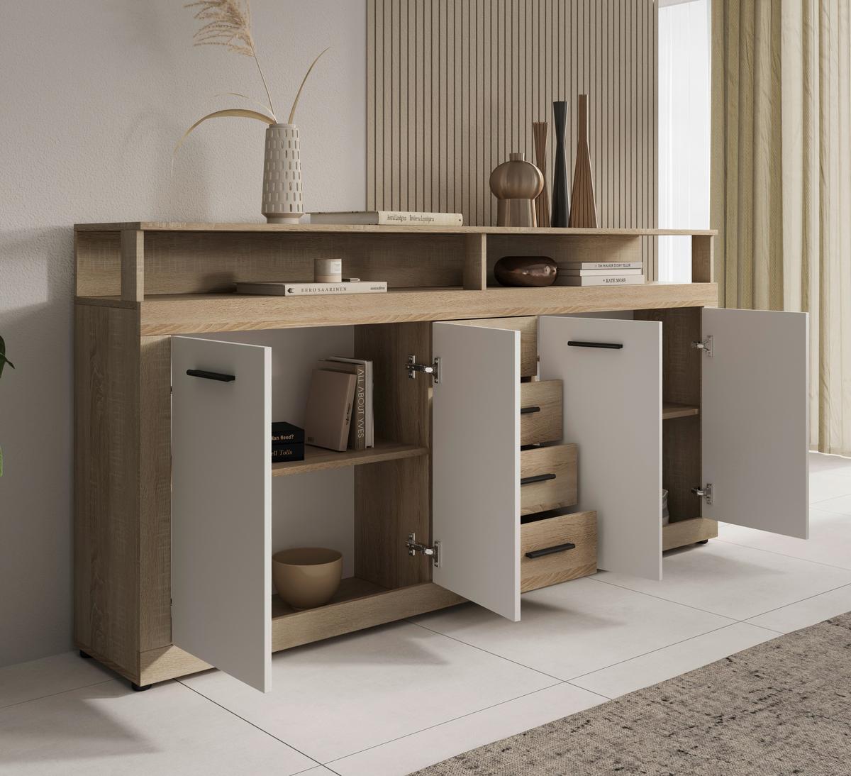 Široka Komoda Lupo, Bela, Barva Hrasta - bela/hrast sonoma, Design, umetna masa/leseni material (190/96/32cm) - MID.YOU