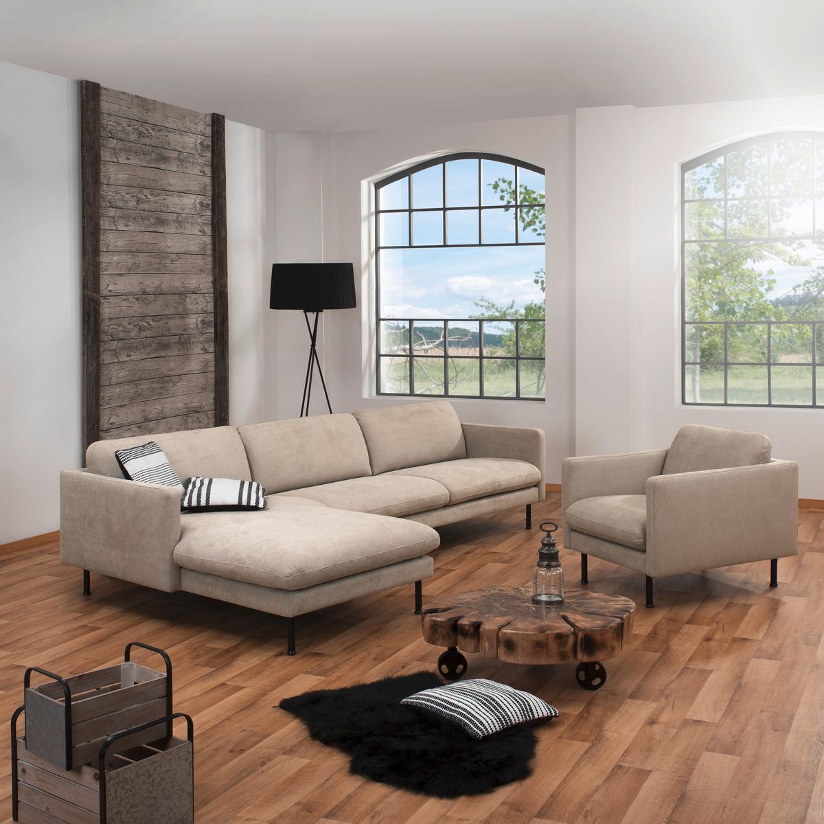 Ecksofa Nathan in Beige Flachgewebe - Beige/Schwarz, MODERN, Textil/Metall (160/286cm) - Max Winzer