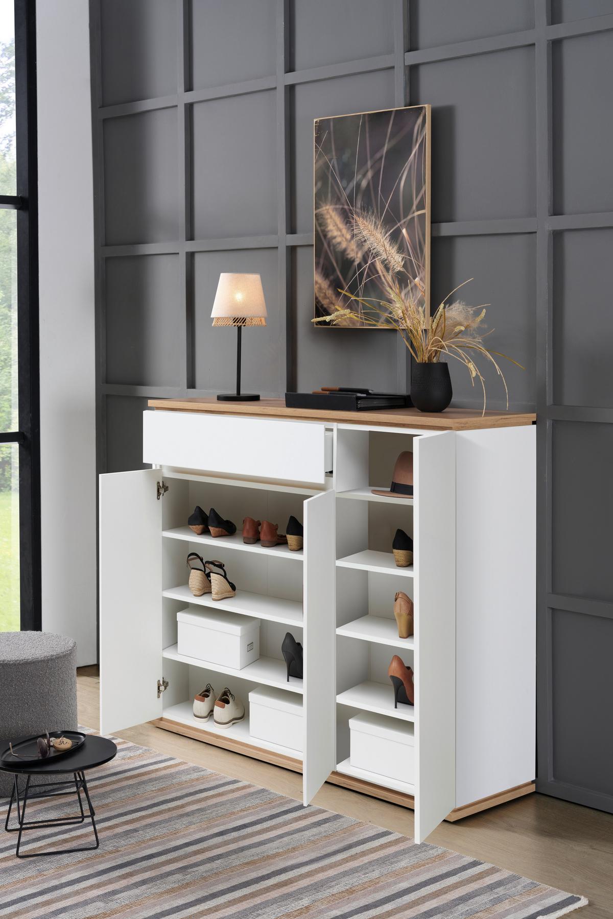 SZAFKA NA BUTY YAMAEL - biały/czarny, Design, materiał drewnopochodny/tworzywo sztuczne (135/112/38cm) - Xora