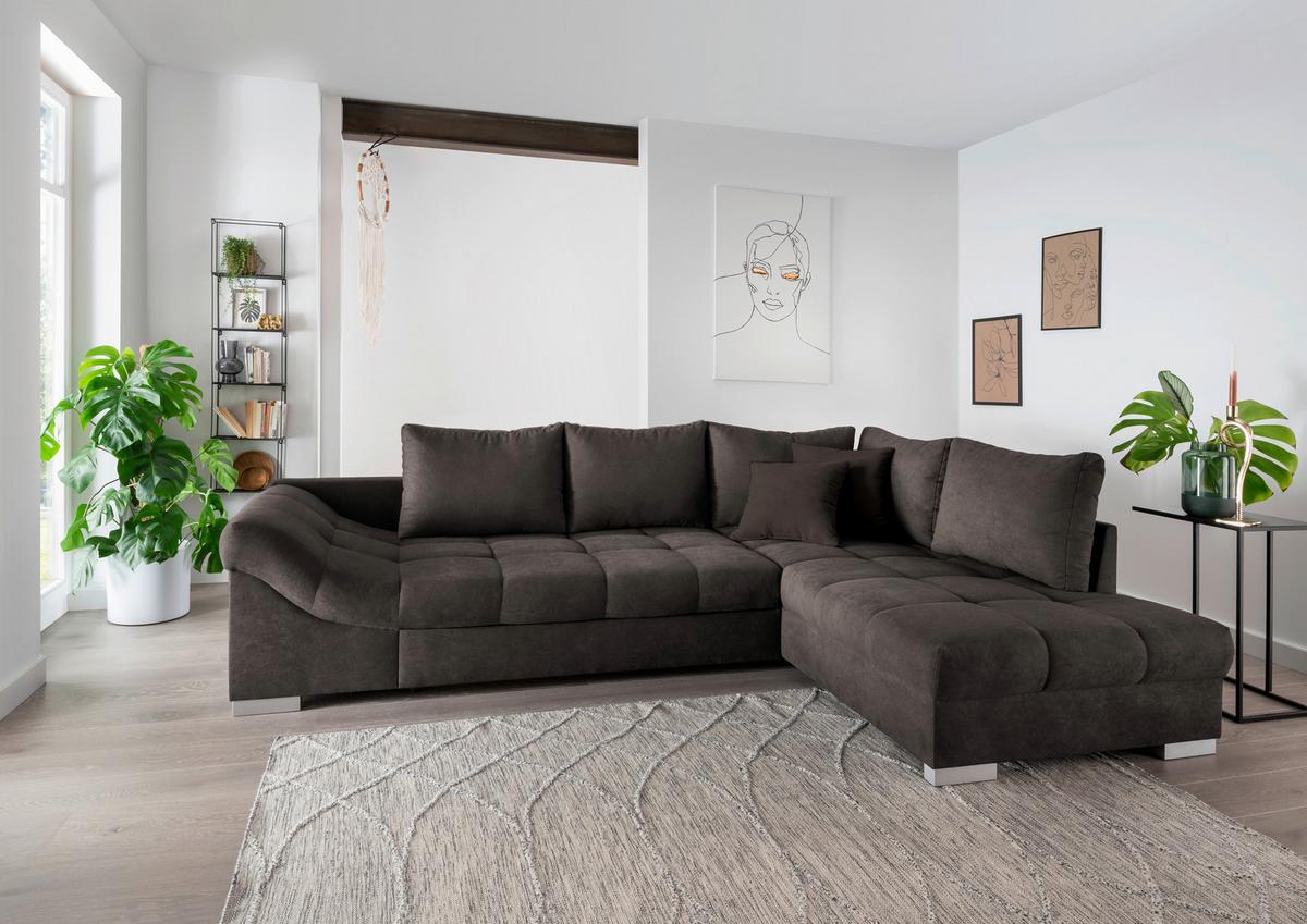 Wohnlandschaft Alvito Dunkelbraun Nylon/Mikrofaser - Dunkelbraun/Silberfarben, Design, Holz/Textil (298/202cm) - MID.YOU