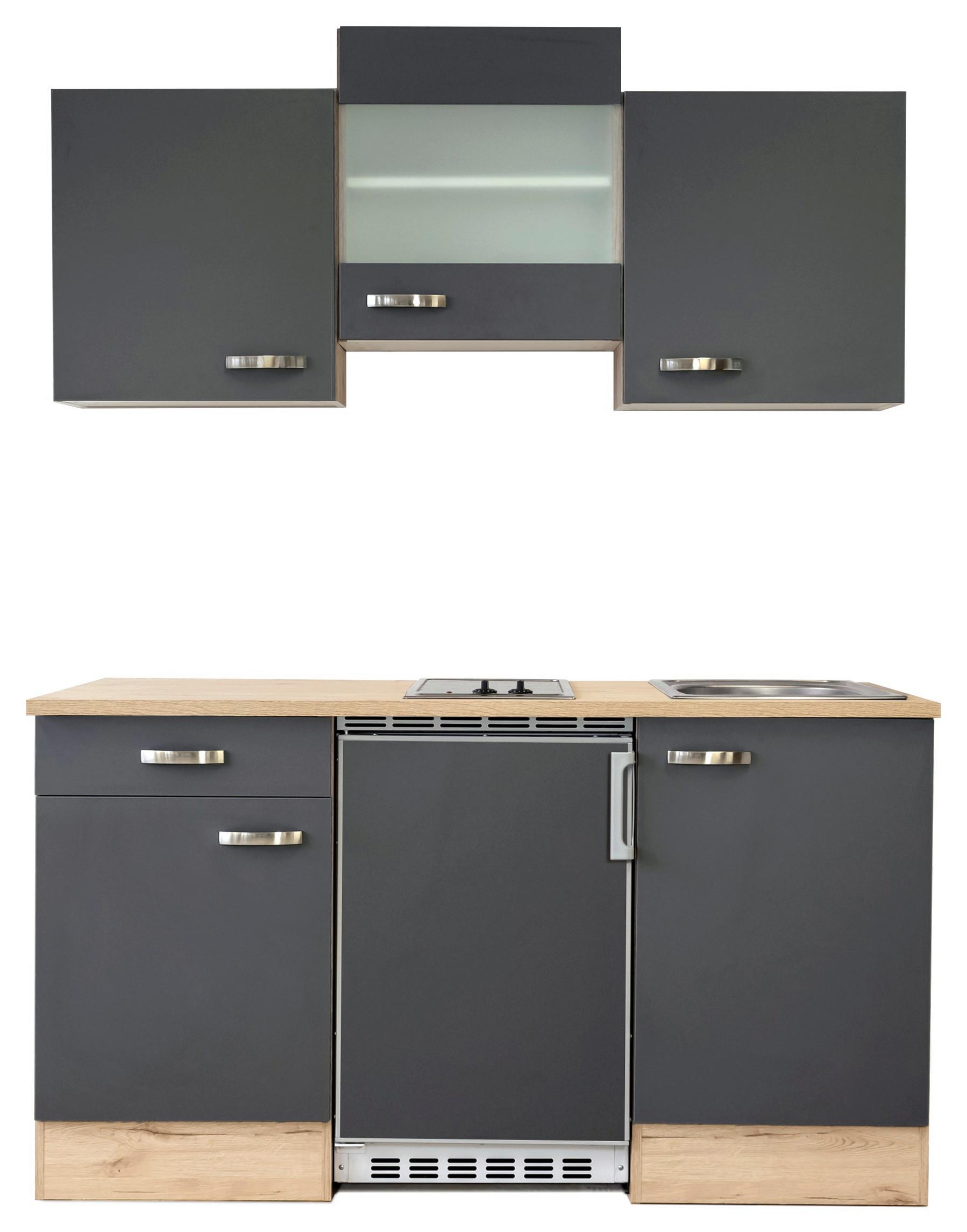 Miniküche Shadow mit Geräten ca. 150x209x60 cm Grau/Eiche - Edelstahlfarben/Eiche San Remo, MODERN, Glas/Holzwerkstoff (150,5/209/60cm) - FlexWell