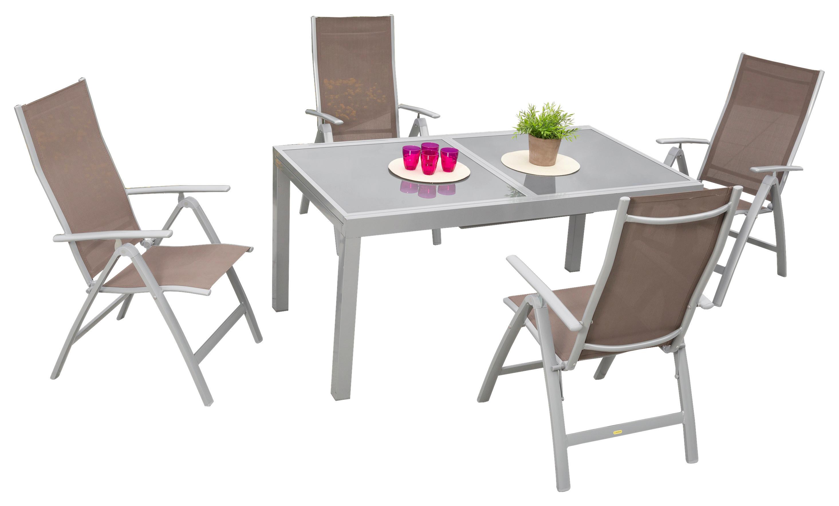 Gartengarnitur 5-tlg. Carrara Metall/Textil/Glas - Taupe/Silberfarben, KONVENTIONELL, Glas/Textil - Gardenson