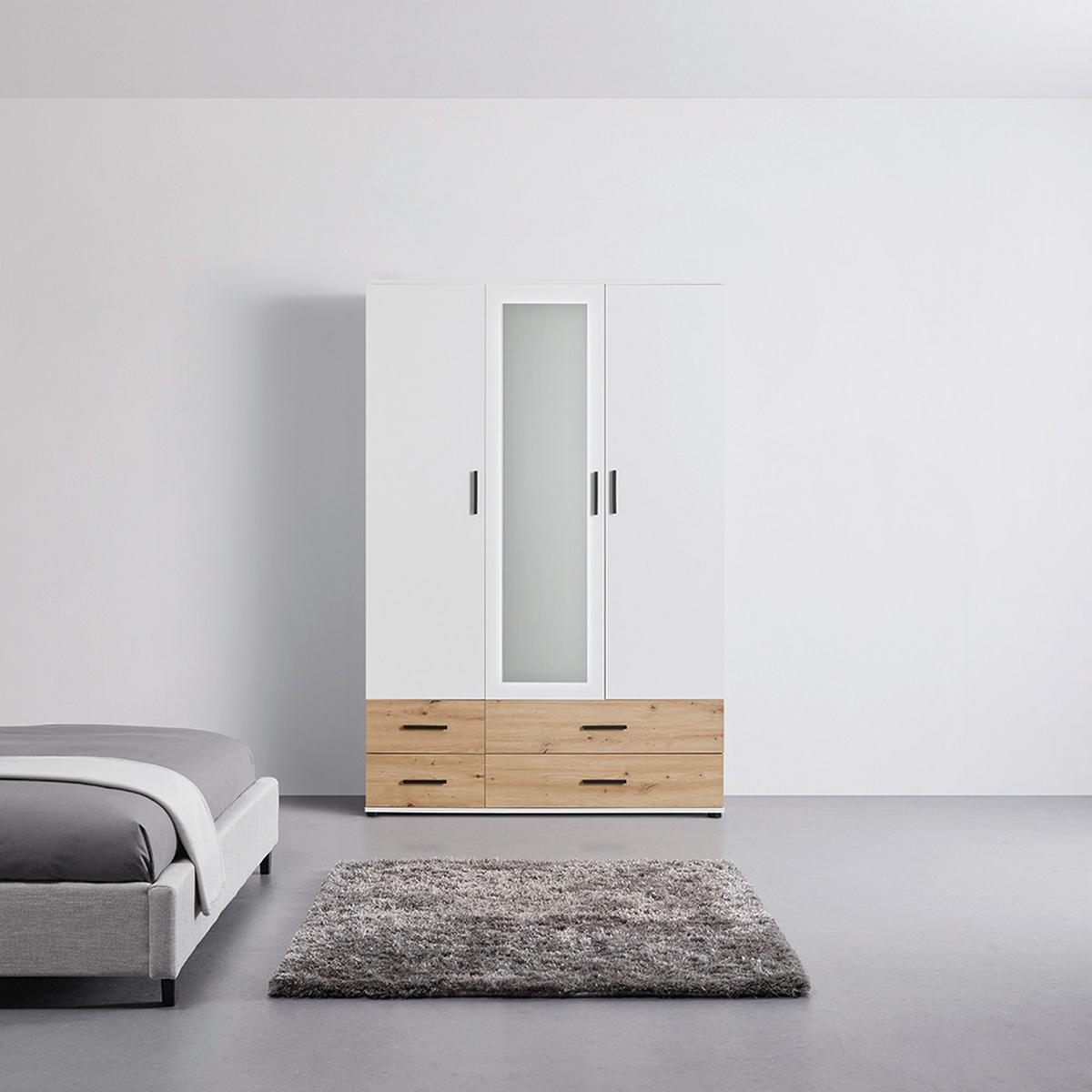 Kleiderschrank Rasant Weiss/Eichefarben - Weiss/Schwarz, Konventionell, Holzwerkstoff/Kunststoff (127/188/52cm) - Mömax