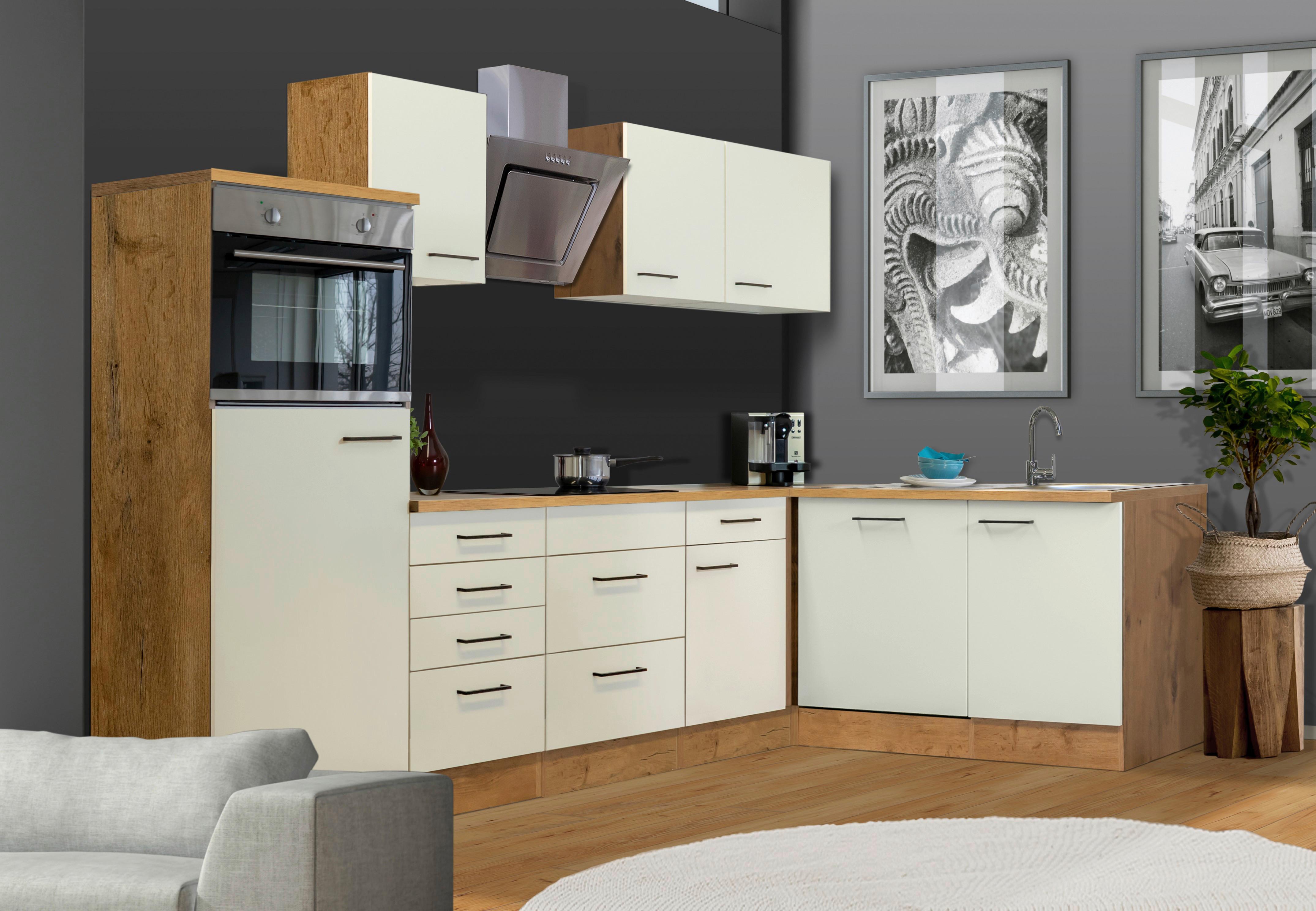 Kotna Kuhinja Z Aparati Avila, Magnolija, Barva Hrasta - magnolija/črna, Moderno, kovina/leseni material (280/170cm) - FlexWell