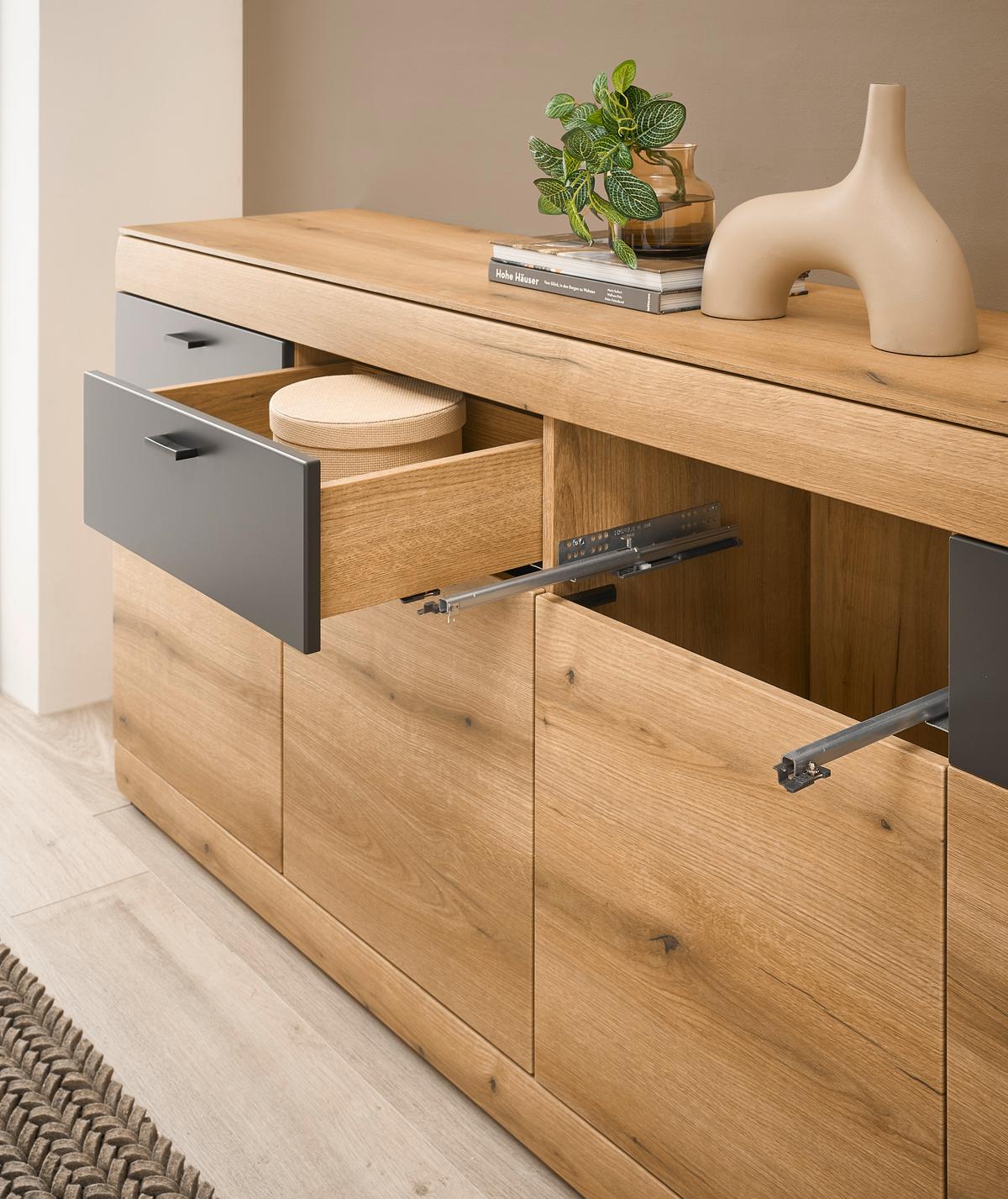 WOHNWAND SOLETO - Eichefarben/Graphitfarben, Design, Glas/Holzwerkstoff - MID.YOU