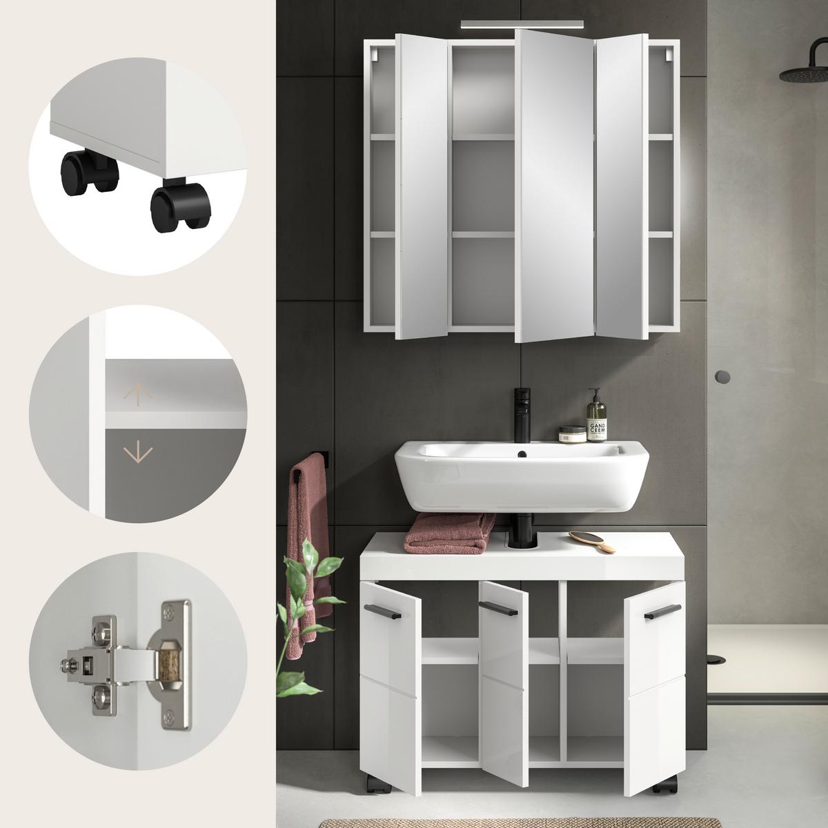 Badezimmer NOVA Weiß, Weiß Hochglanz 2-teilig - Weiß Hochglanz/Schwarz, Trend, Glas/Holzwerkstoff (82cm) - MID.YOU