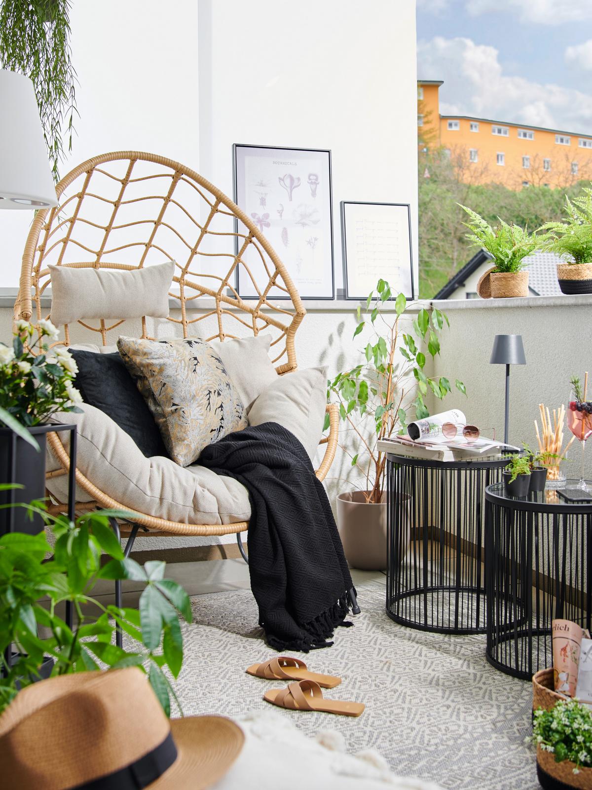 Gartenmuschel Marike in Natur/Schwarz/Beige - Beige/Schwarz, Modern, Kunststoff/Textil (98/146/95cm) - Mömax