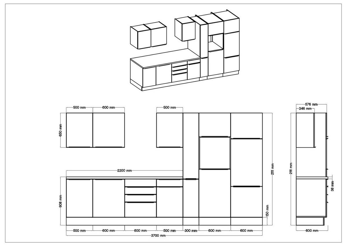 Küchenblock Marleen m. Geräten Weiß Hochglanz B: ca. 370cm - Weiß Hochglanz/Alufarben, LIFESTYLE, Holzwerkstoff/Kunststoff (370cm) - Respekta