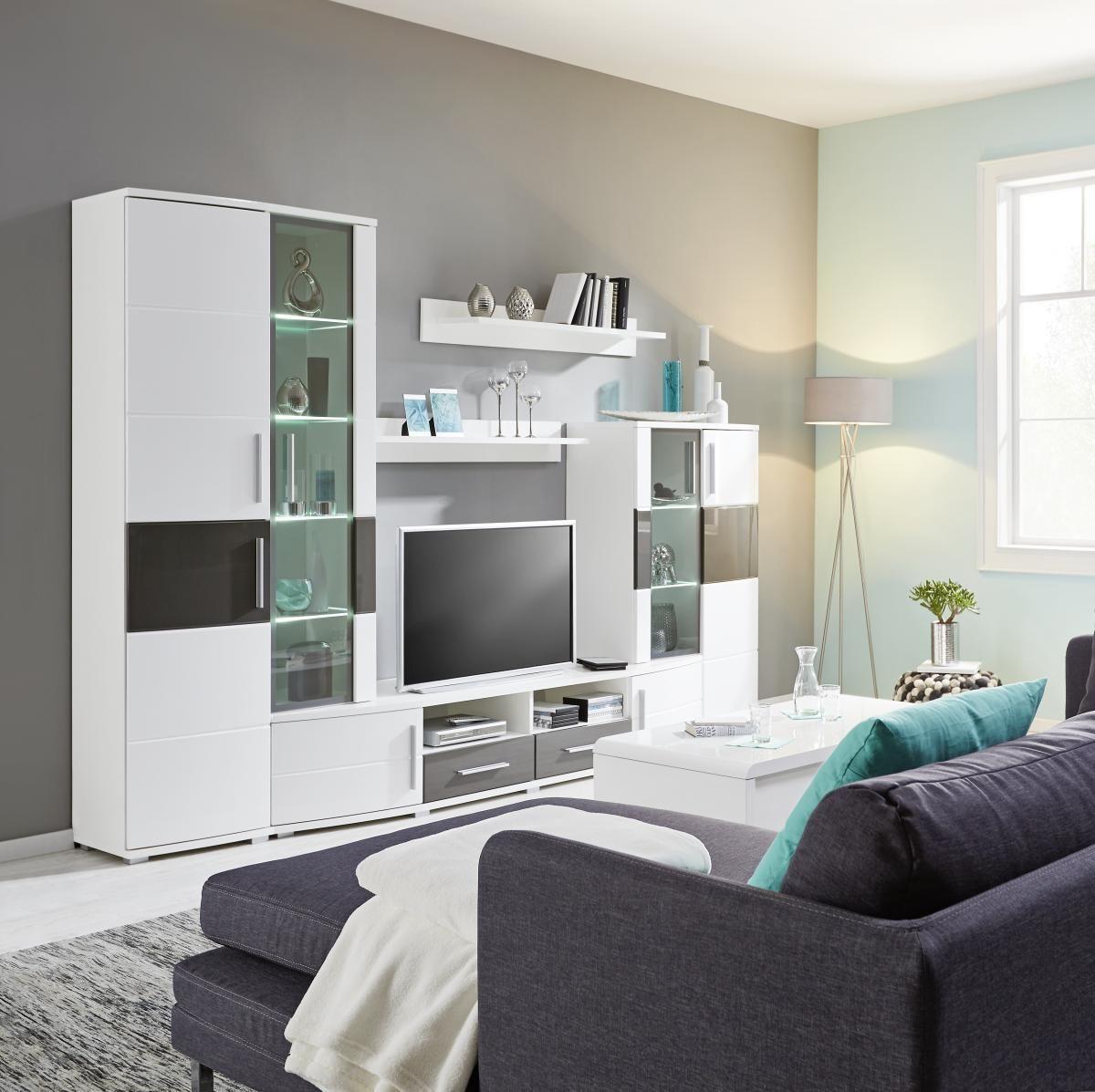 Wohnwand in Weiss/Grau Hochglanz - Weiss/Grau, Modern, Holz (296/198/50cm) - Mömax