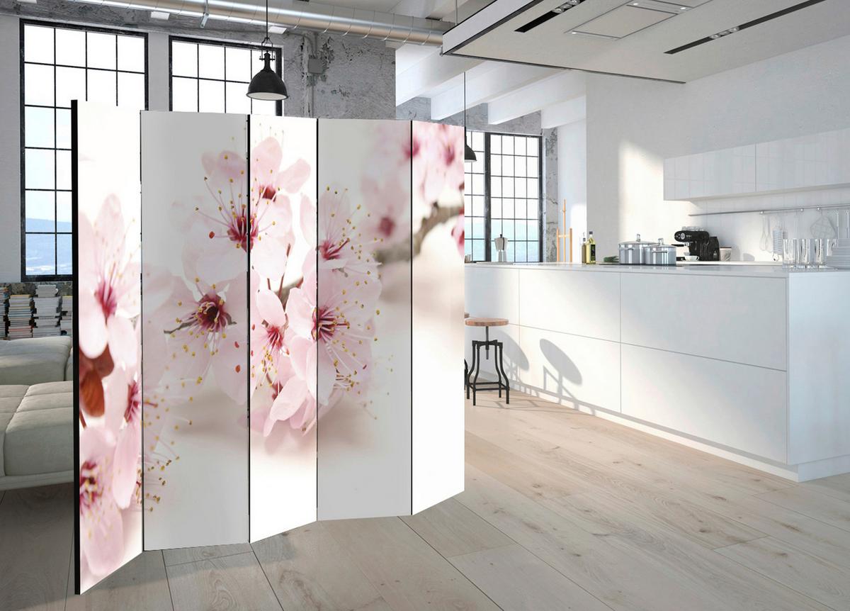 Paravan Cherry Blossom I, 5-Delni, Dvostranski - bela/svetlo roza, Basics, tekstil/les (225/172/3cm) - artgeist